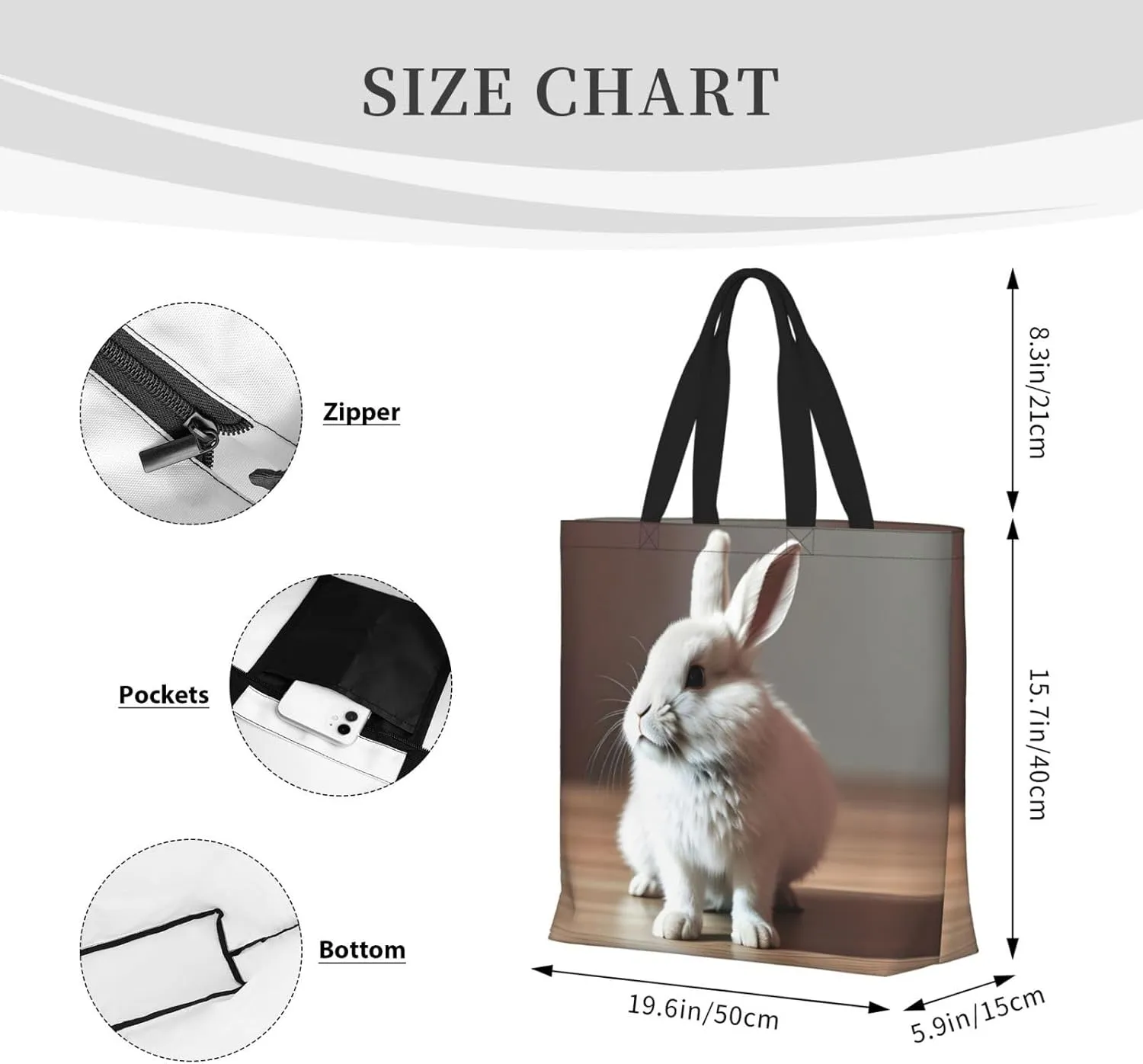 Cry White Rabbit Large-Capacity Polyester Tote Bag With Zipper Pockets One-Shoulder Tote Bag For Everything.