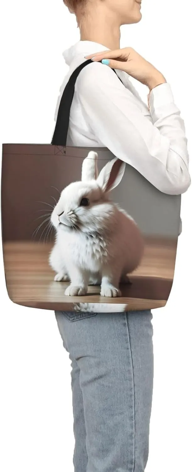 Cry White Rabbit Large-Capacity Polyester Tote Bag With Zipper Pockets One-Shoulder Tote Bag For Everything.