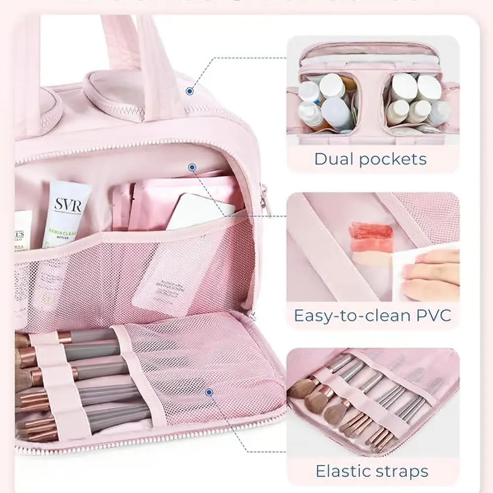 Cureaway Cosmetic Bag, Cureaway Travel Cosmetic Bag, Large Capacity Wide-Open Cosmetic Bags, Waterproof Portable Pouch Open Flat Toiletry Bags, Dry-And-Wet Separation (Beige)