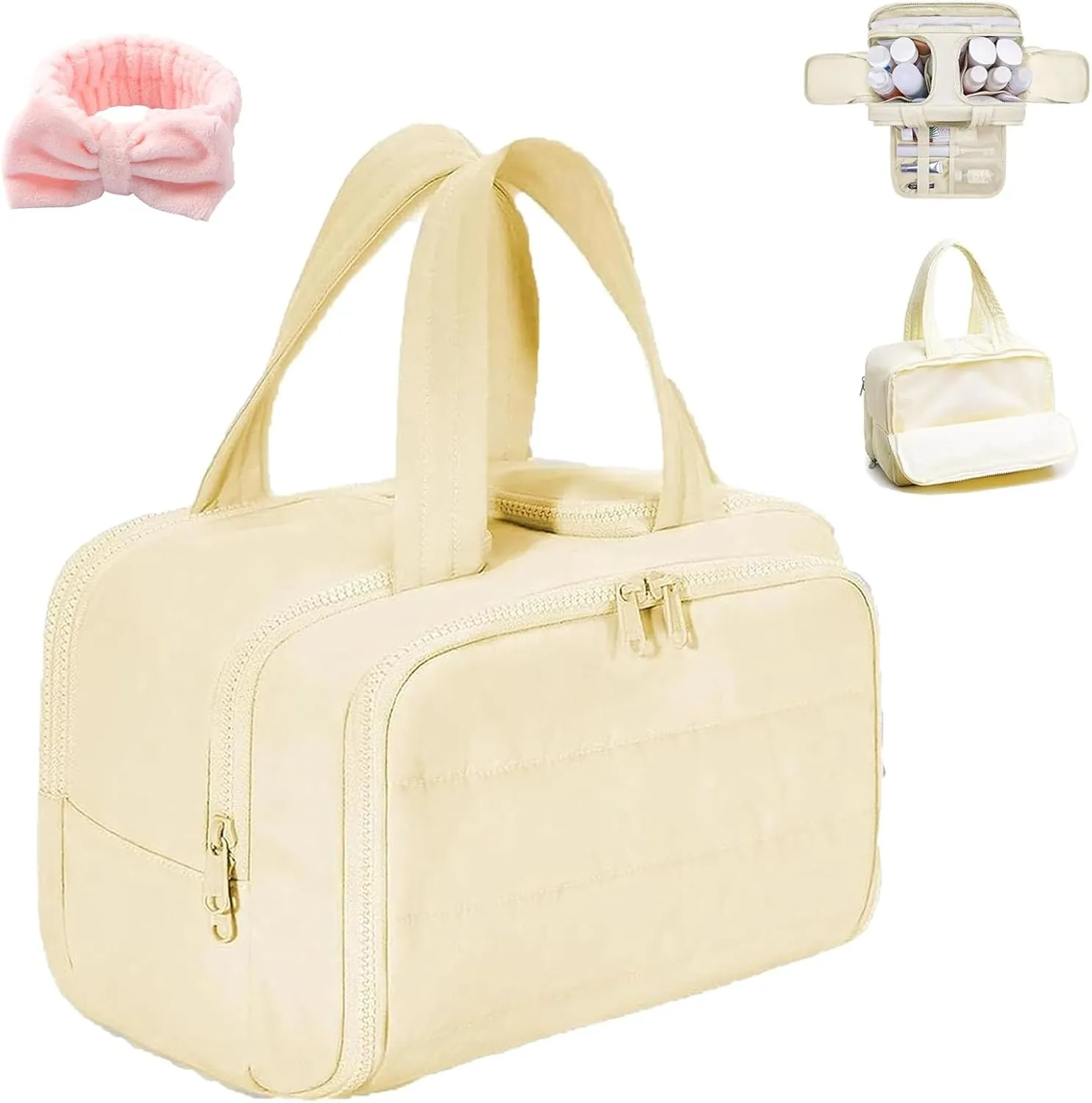 Cureaway Cosmetic Bag, Cureaway Travel Cosmetic Bag, Large Capacity Wide-Open Cosmetic Bags, Waterproof Portable Pouch Open Flat Toiletry Bags, Dry-And-Wet Separation (Beige)
