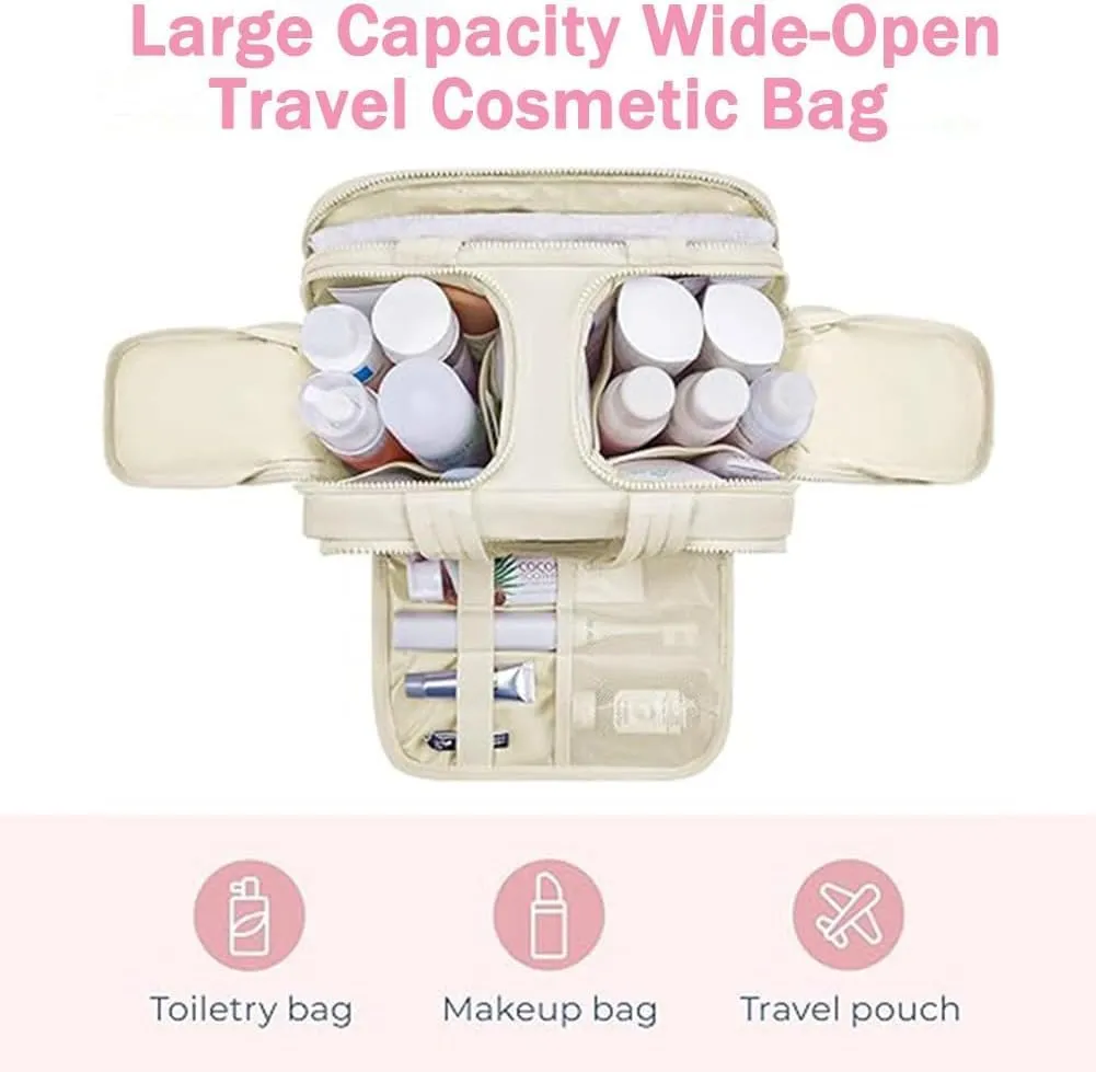 Cureaway Cosmetic Bag, Cureaway Travel Cosmetic Bag, Large Capacity Wide-Open Cosmetic Bags, Waterproof Portable Pouch Open Flat Toiletry Bags, Dry-And-Wet Separation (Beige)