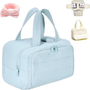 Cureaway Cosmetic Bag, Cureaway Travel Cosmetic Bag, Large Capacity Wide-Open Cosmetic Bags, Waterproof Portable Pouch Open Flat Toiletry Bags, Dry-And-Wet Separation (Blue)