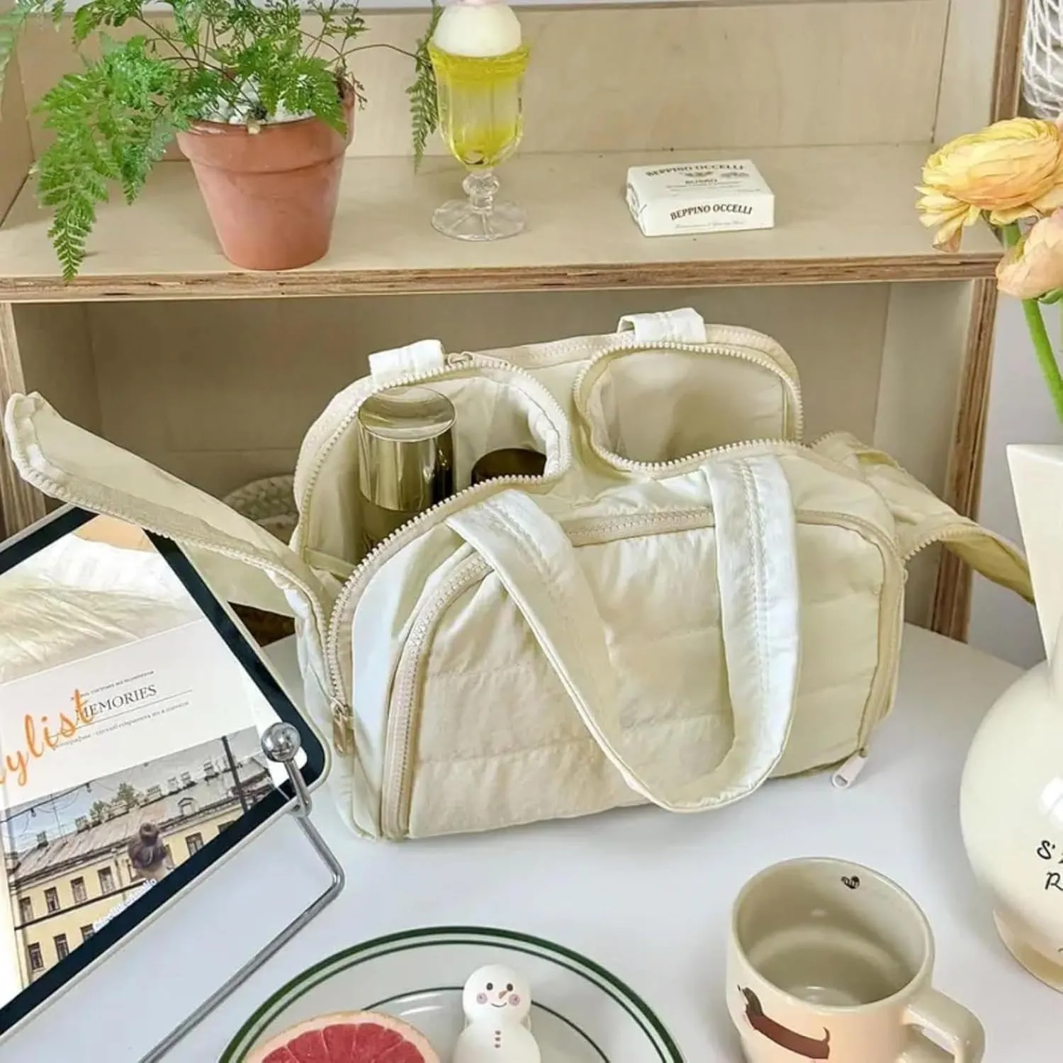 Cureaway Travel Bag, Cureaway Travel Cosmetic Bag, Large Capacity Wide-Open Cosmetic Bags, Waterproof Portable Pouch Open Flat Toiletry Bags, Dry-And-Wet Separation (Beige)