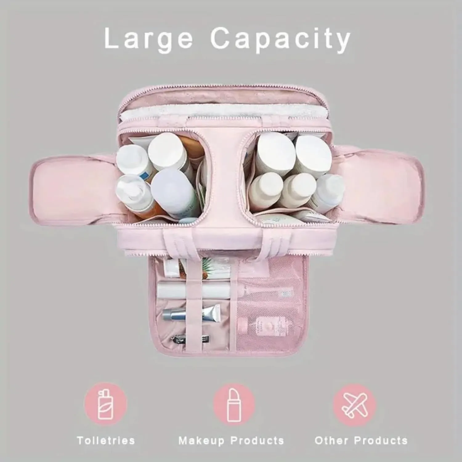 Cureaway Travel Bag, Cureaway Travel Cosmetic Bag, Large Capacity Wide-Open Cosmetic Bags, Waterproof Portable Pouch Open Flat Toiletry Bags, Dry-And-Wet Separation (Beige)