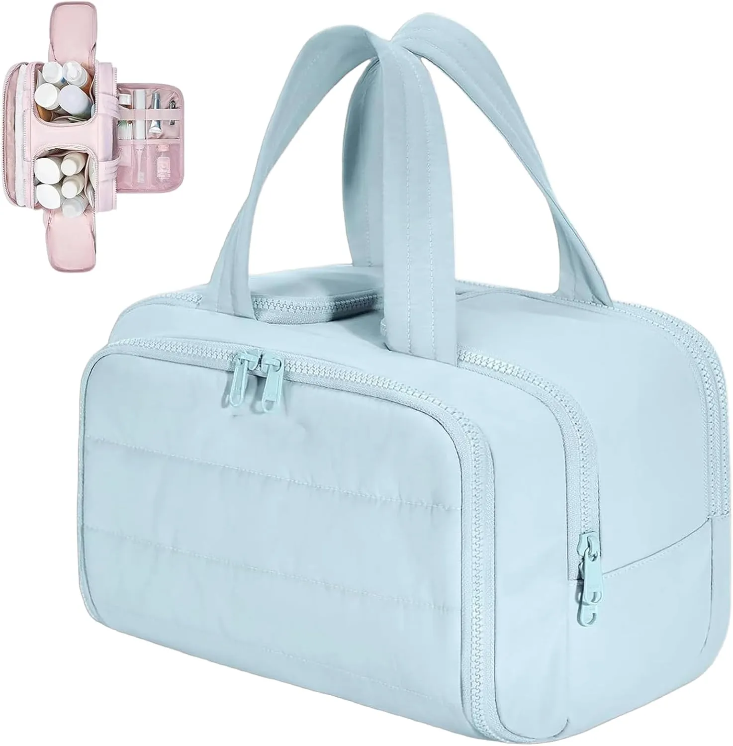 Cureaway Travel Bag Cureaway Travel Cosmetic Bag Multicolor Large Capacity Wide-Open Cosmetic Bags Portable Toiletry Bag Waterproof Hanging Organizer Wash Pouch Open Flat for Women Men (Blue)