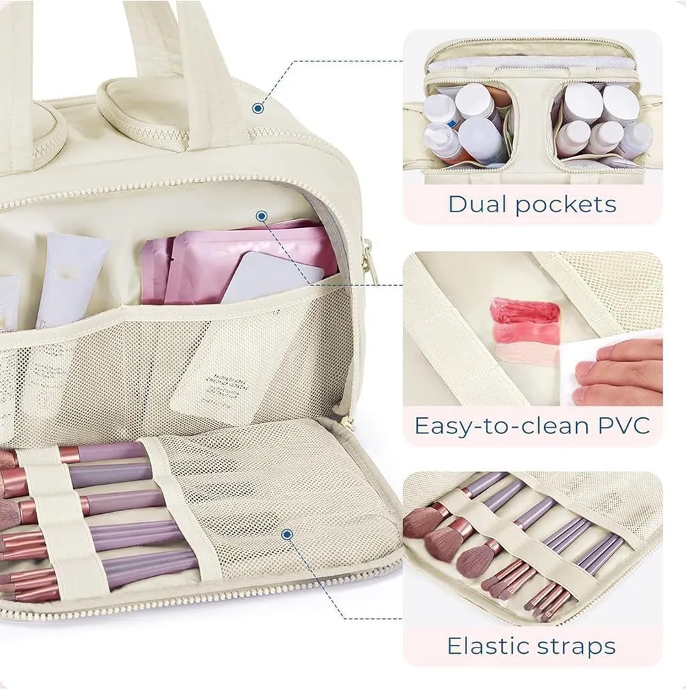 Cureaway Travel Cosmetic Bag, Curetoaway Large Capacity Wide-Open Travel Cosmetic Bag, Toiletry Bags for Women with 4 Compartments and Handle, Lightweight Waterproof Portable Makeup Bags (Gray)