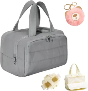 Cureaway Travel Cosmetic Bag, Curetoaway Large Capacity Wide-Open Travel Cosmetic Bag, Toiletry Bags for Women with 4 Compartments and Handle, Lightweight Waterproof Portable Makeup Bags (Gray)