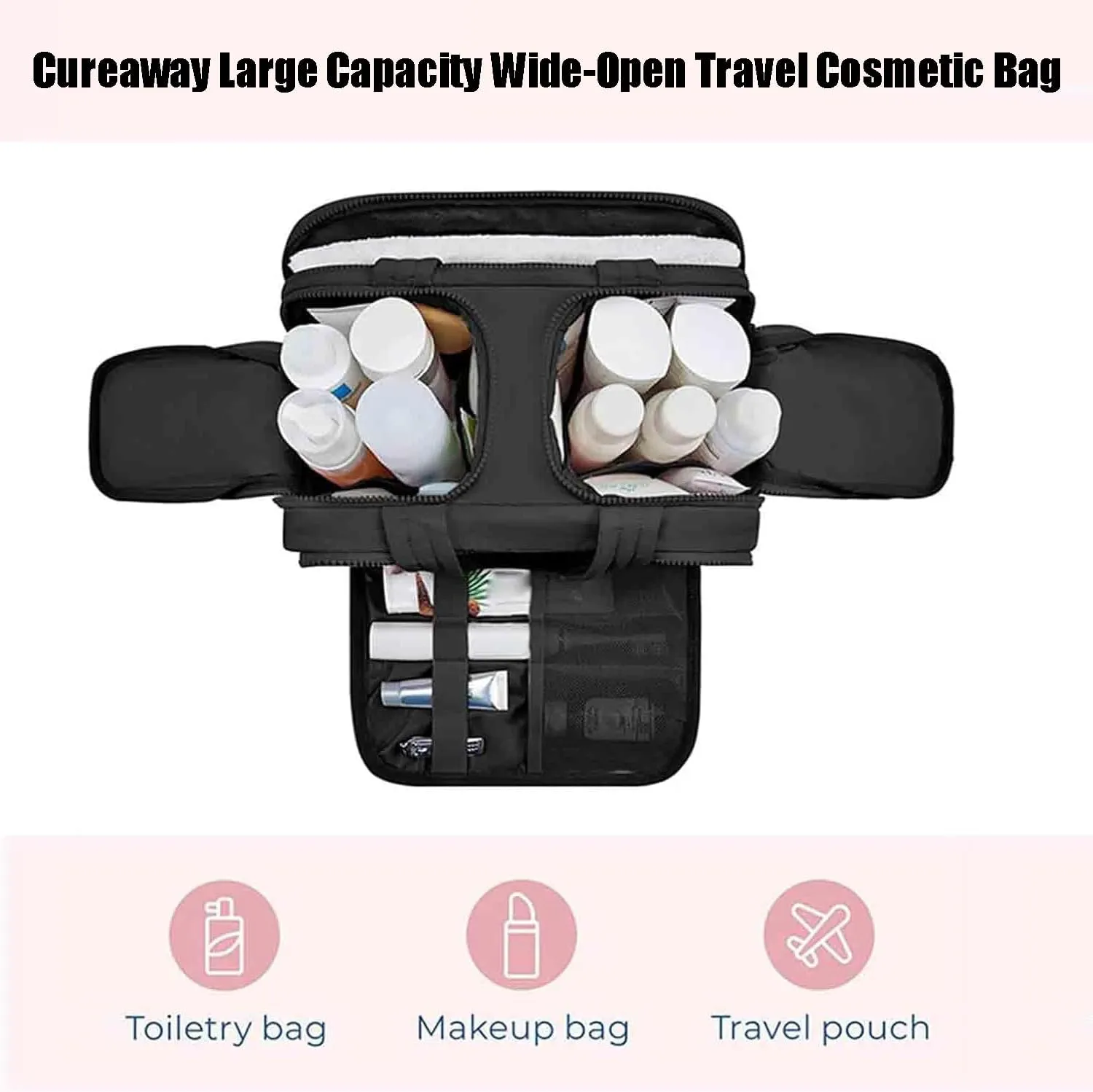 Cureaway Travel Cosmetic Bag, Curetoaway Large Capacity Wide-Open Travel Cosmetic Bag, With Compartments And Handles, Can Store Multiple Toiletries, Lightweight And Waterproof (Blue)