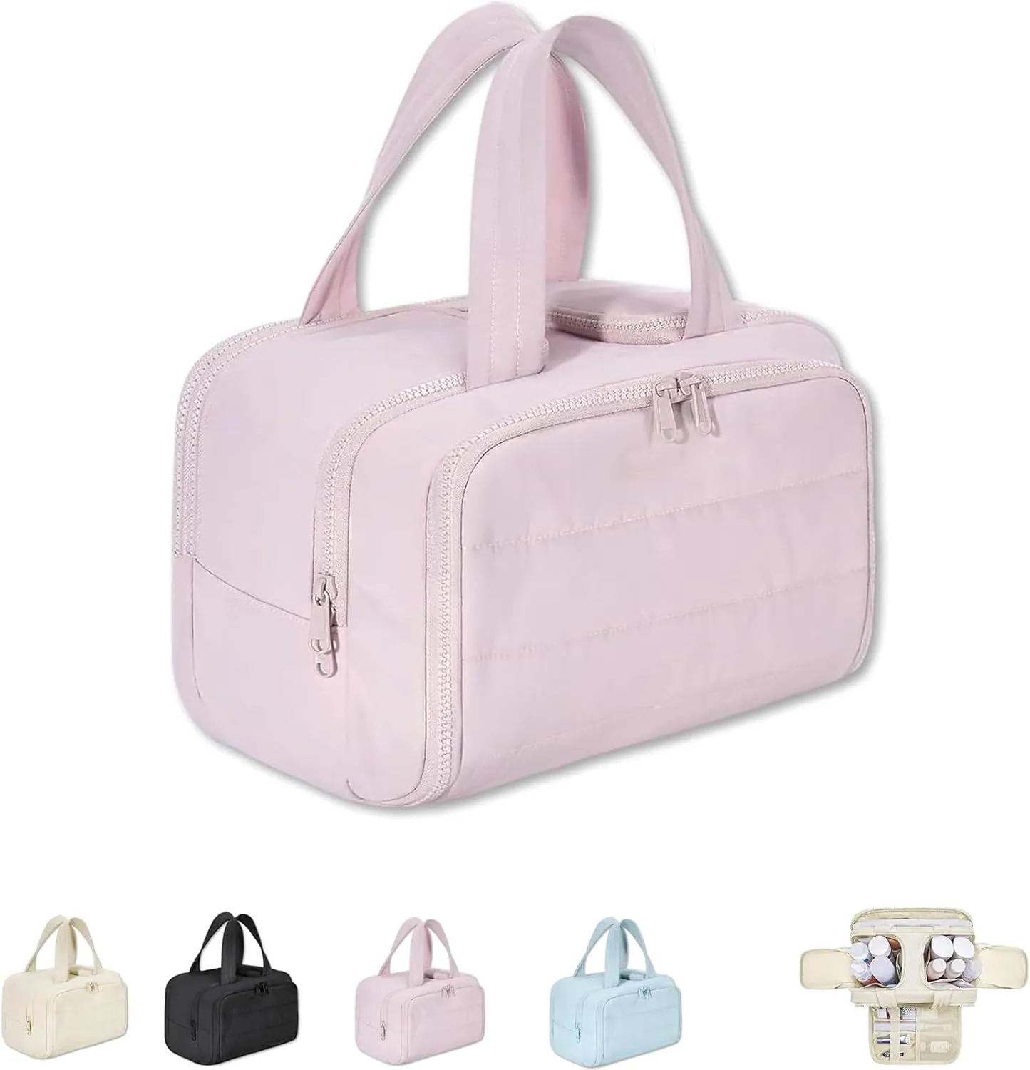 Cureaway Travel Cosmetic Bag, for Women with Divider and Handle (Pink)