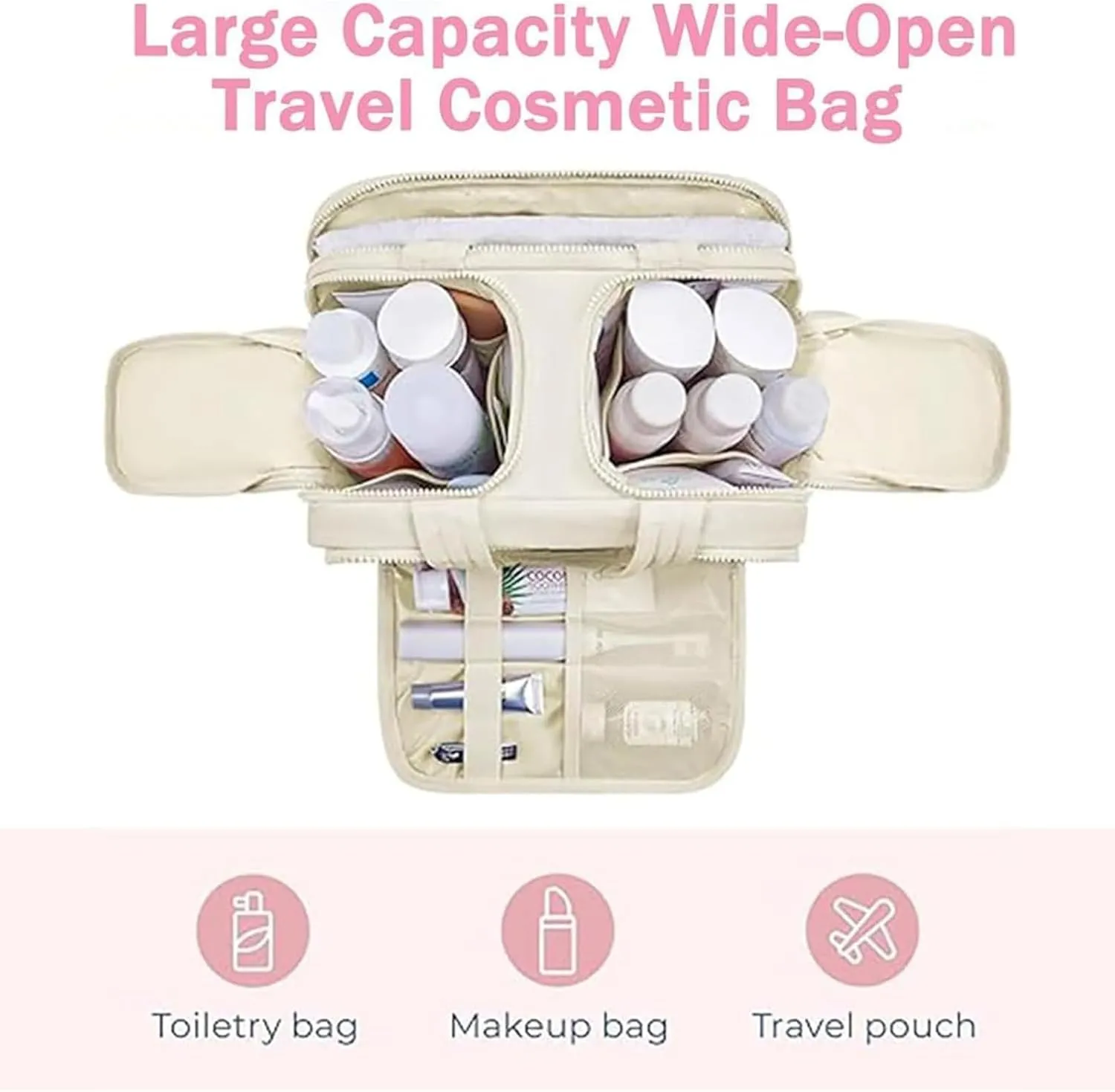 Cureaway Travel Cosmetic Bag, for Women with Divider and Handle (Pink)