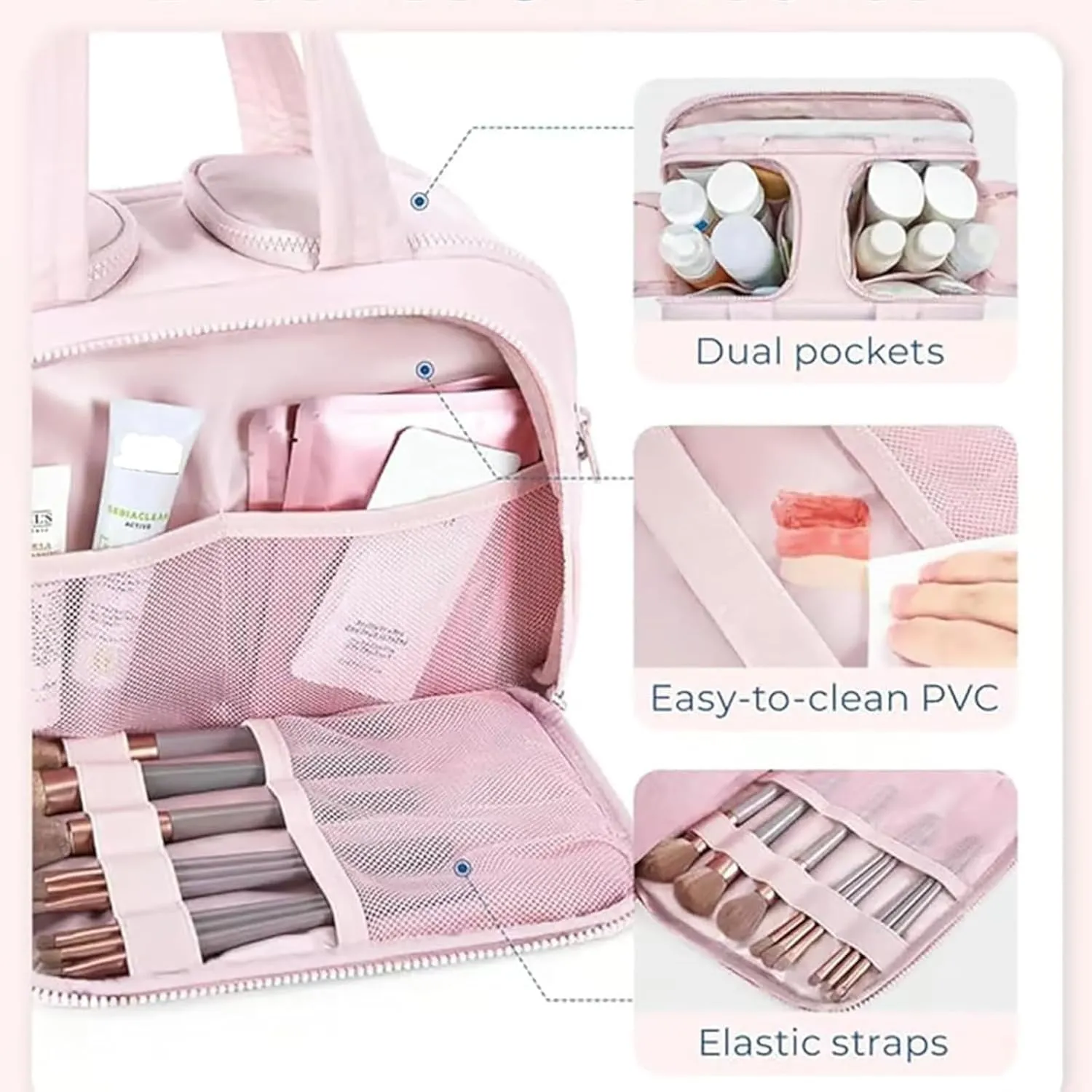 Cureaway Travel Cosmetic Bag, for Women with Divider and Handle (Pink)