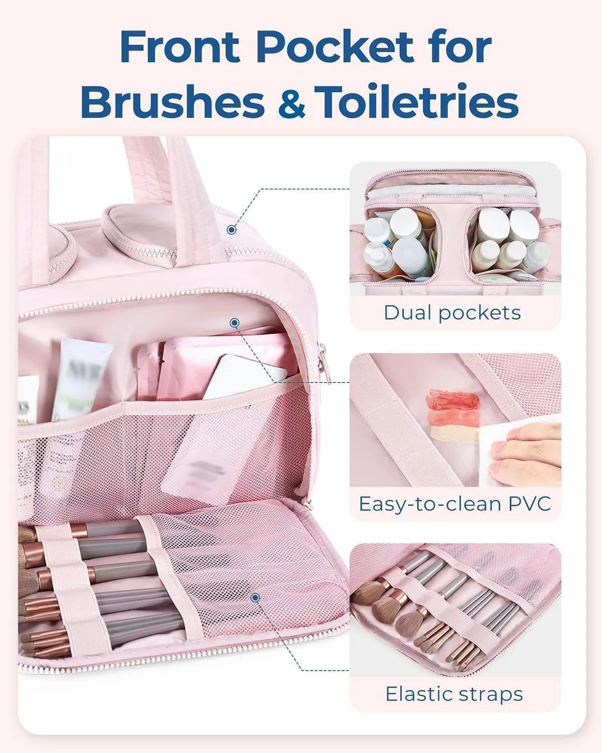 Cureaway Travel Cosmetic Bag,Curetoaway Toiletry Bag for Women with Divider and Handle,Large Capacity Wide-Open Travel Cosmetic Bag,Dry-and-Wet Separation. (Pink)