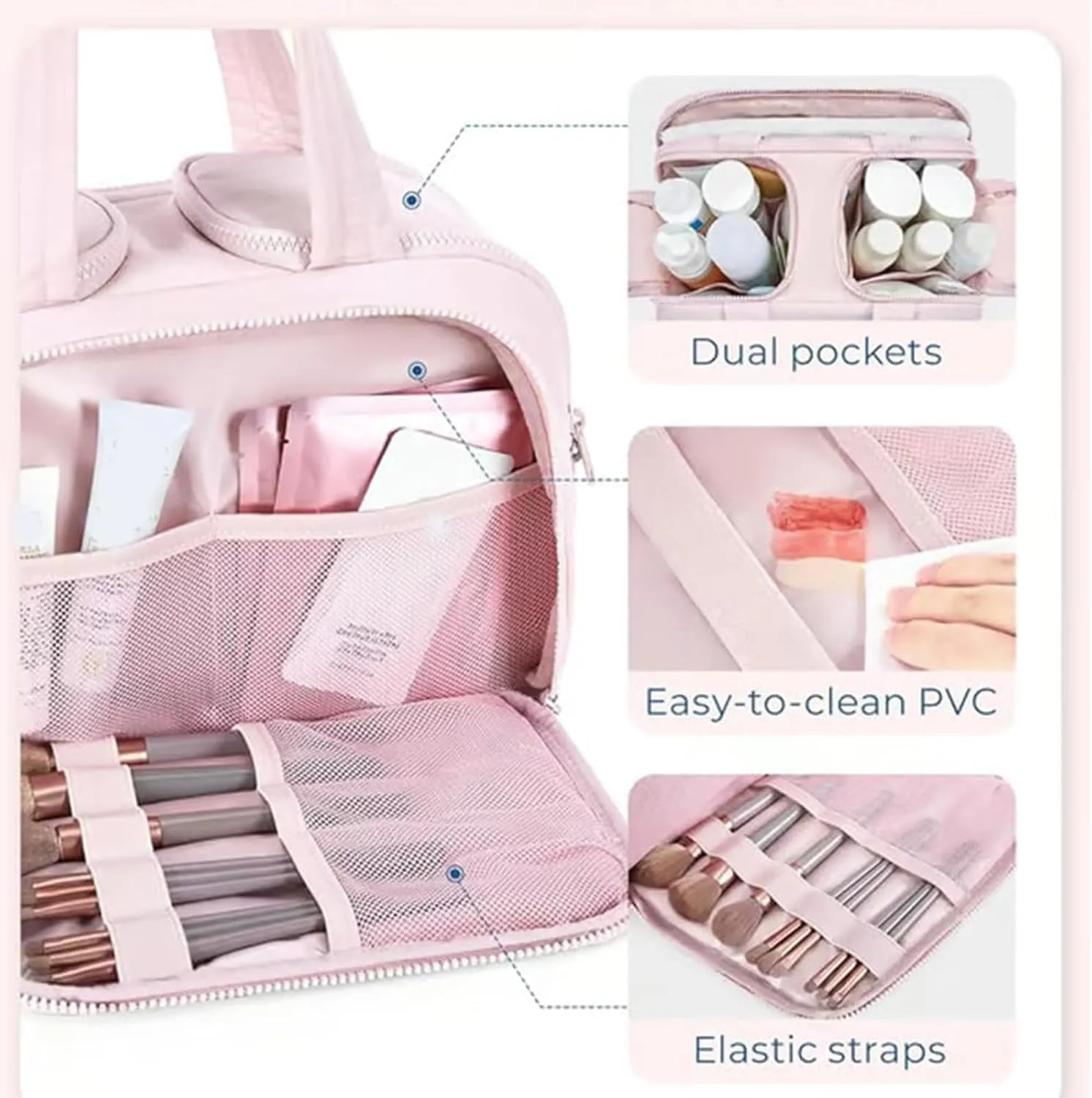 Cureaway Travel Cosmetic Bag,Large Capacity Wide-Open Travel Cosmetic Bag with Divider and Handle Lightweight Waterproo,Multi functional Waterproof Portable Make up Bags for Women (Pink)