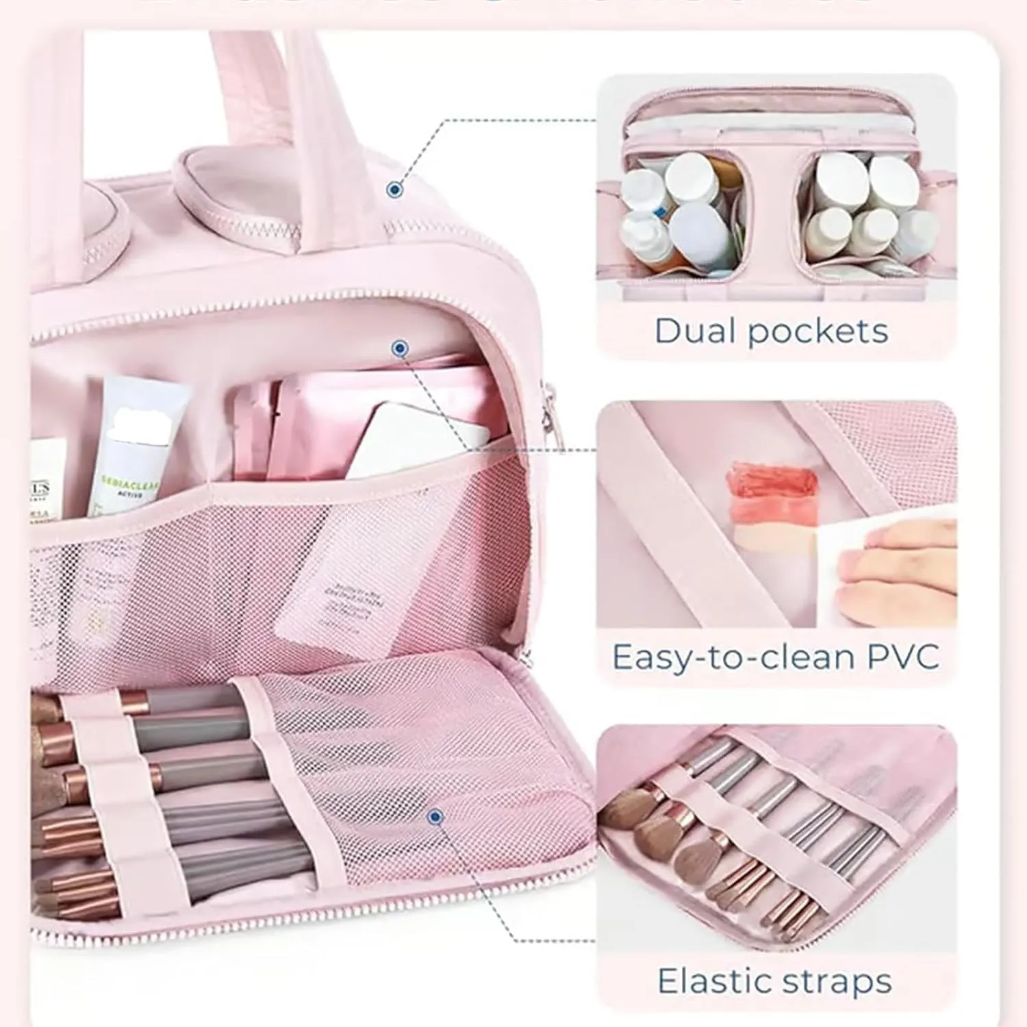 Cureaway Travel Cosmetic Bag,Large Capacity Wide-Open Travel Cosmetic Bag,Waterproof Portable Pouch Open Flat Toiletry Bags for Women with Divider and Handle (Pink)