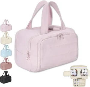 Cureaway Travel Cosmetic Bag,Large Capacity Wide-Open Travel Cosmetic Bag,Waterproof Portable Pouch Open Flat Toiletry Bags for Women with Divider and Handle (Pink)