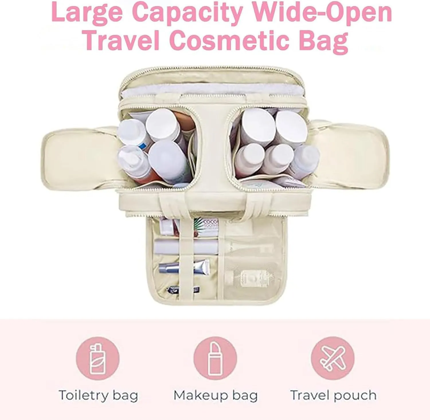 Cureaway Travel Cosmetic Bag,Large Capacity Wide-Open Travel Cosmetic Bag,Waterproof Portable Pouch Open Flat Toiletry Bags for Women with Divider and Handle (Pink)