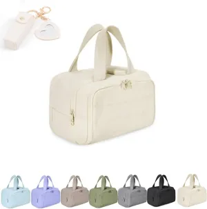 Curetoaway Large Capacity Wide-Open Travel Cosmetic Bag,Cureaway Travel Cosmetic Bag,4-in-1 Puffy Multi-functional Toiletry Bags,Curetoaway Toiletry Bags for Women with Divider and Handle (Beige)