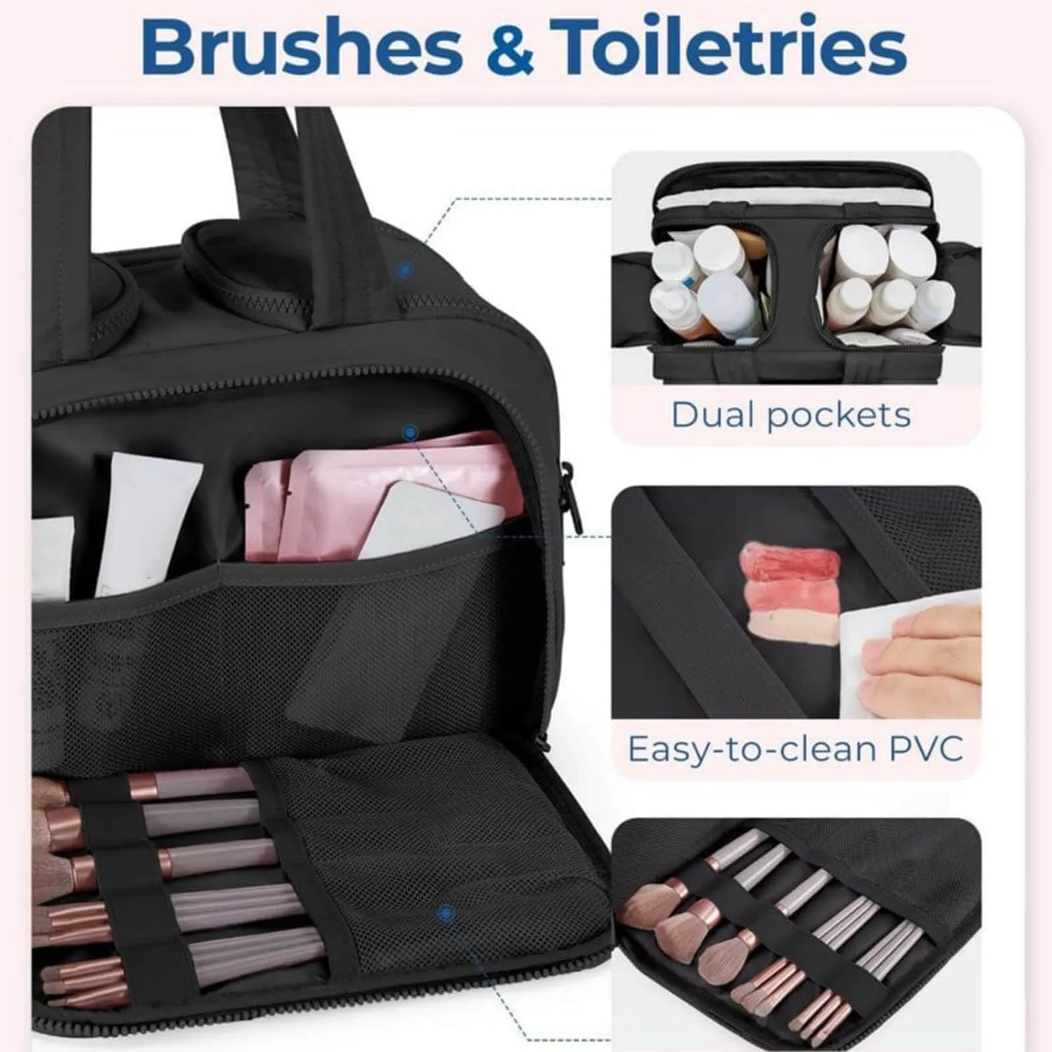 Curetoaway Large Capacity Wide-Open Travel Cosmetic Bag,Cureaway Travel Cosmetic Bag,4-in-1 Puffy Multi-functional Toiletry Bags,Curetoaway Toiletry Bags for Women with Divider and Handle (Beige)