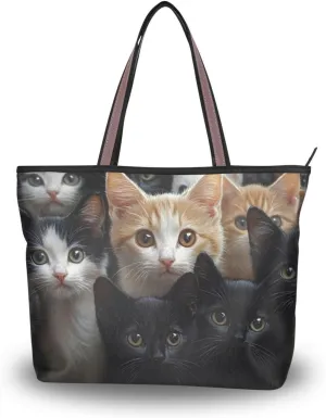 Curious Cats Women Tote Bag Purse Zipper Closure Reusable Grocery Handbag Large