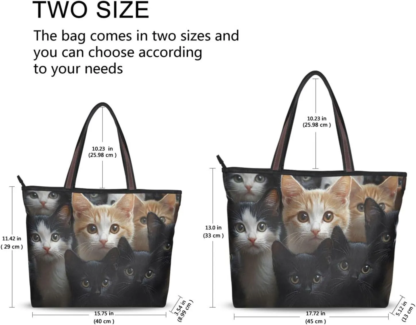 Curious Cats Women Tote Bag Purse Zipper Closure Reusable Grocery Handbag Large