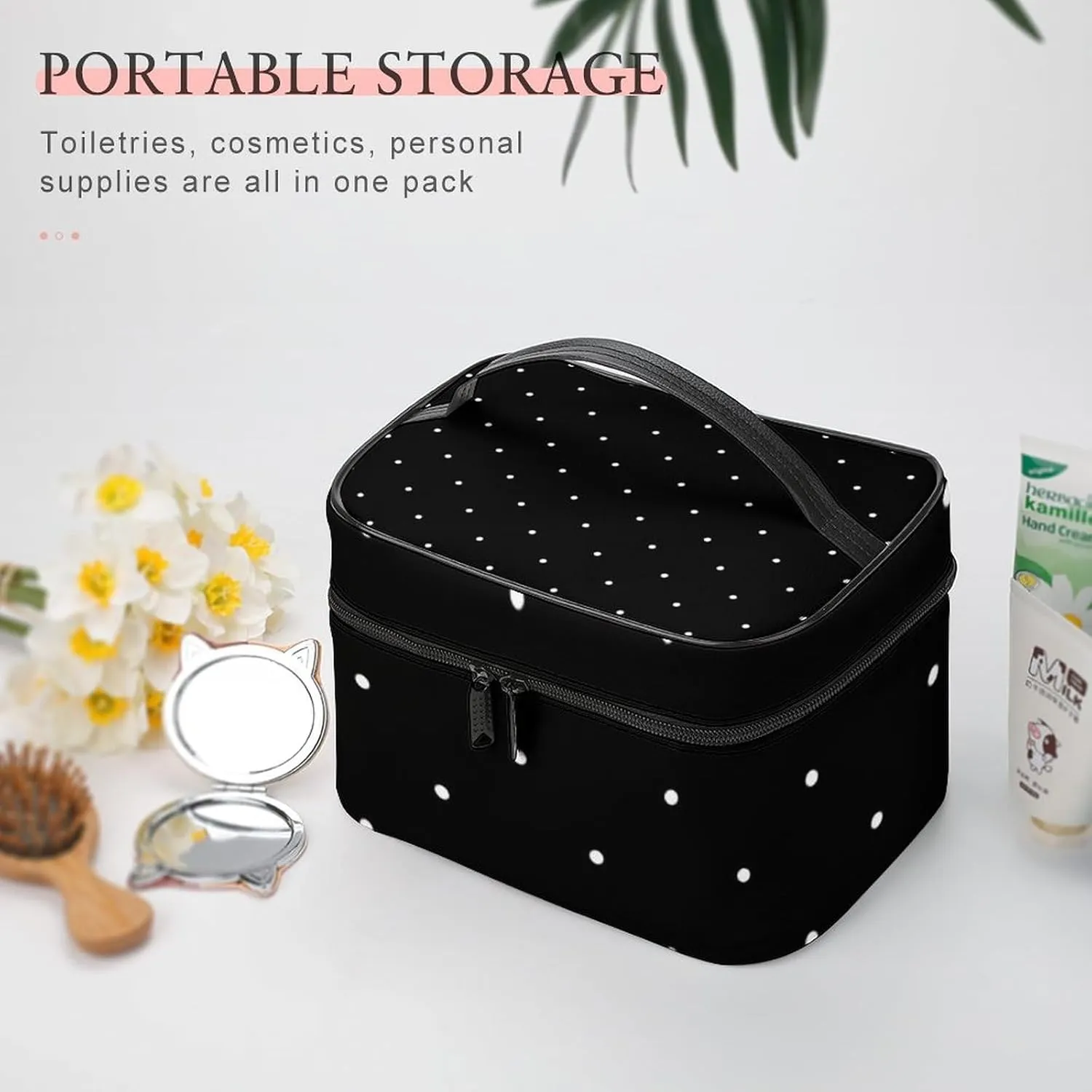 Cute Black and White Polka Dots Pattern Cosmetic Bag, Travel Portable Makeup Bag for Purse Pouch Beauty Zipper Organizer Toiletry Bag for Women