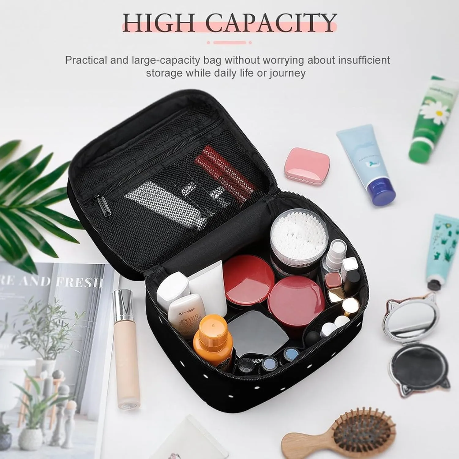 Cute Black and White Polka Dots Pattern Cosmetic Bag, Travel Portable Makeup Bag for Purse Pouch Beauty Zipper Organizer Toiletry Bag for Women