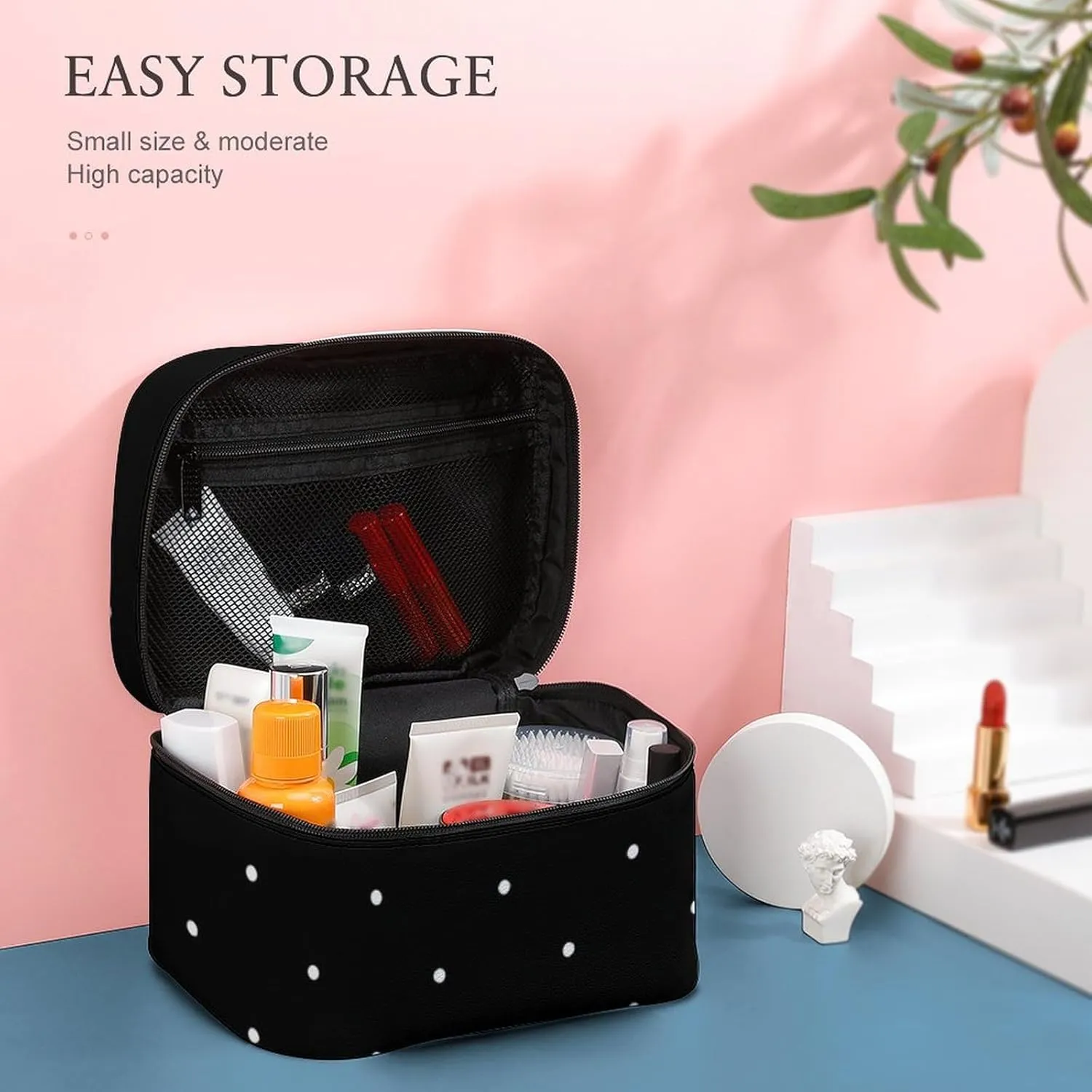 Cute Black and White Polka Dots Pattern Cosmetic Bag, Travel Portable Makeup Bag for Purse Pouch Beauty Zipper Organizer Toiletry Bag for Women