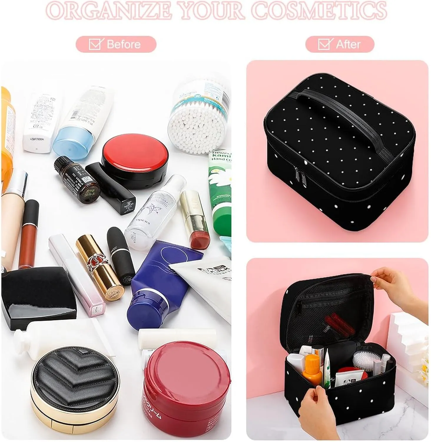 Cute Black and White Polka Dots Pattern Cosmetic Bag, Travel Portable Makeup Bag for Purse Pouch Beauty Zipper Organizer Toiletry Bag for Women