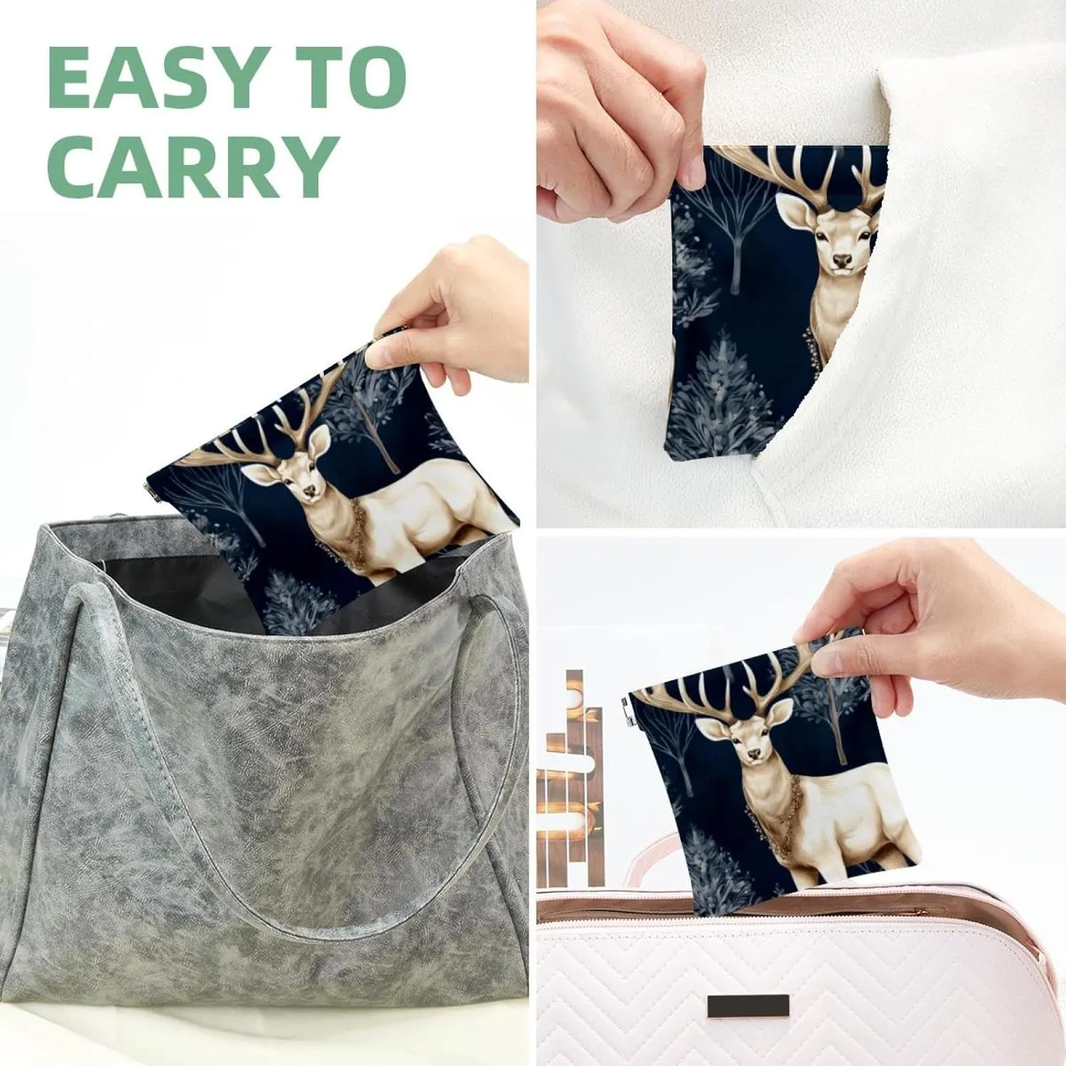 Cute Christmas Elk-1880 Pocket Cosmetic Bag, Waterproof Squeeze Makeup Bag No Zipper Self-Closing, Portable Mini Travel Storage for Headphones Jewelry