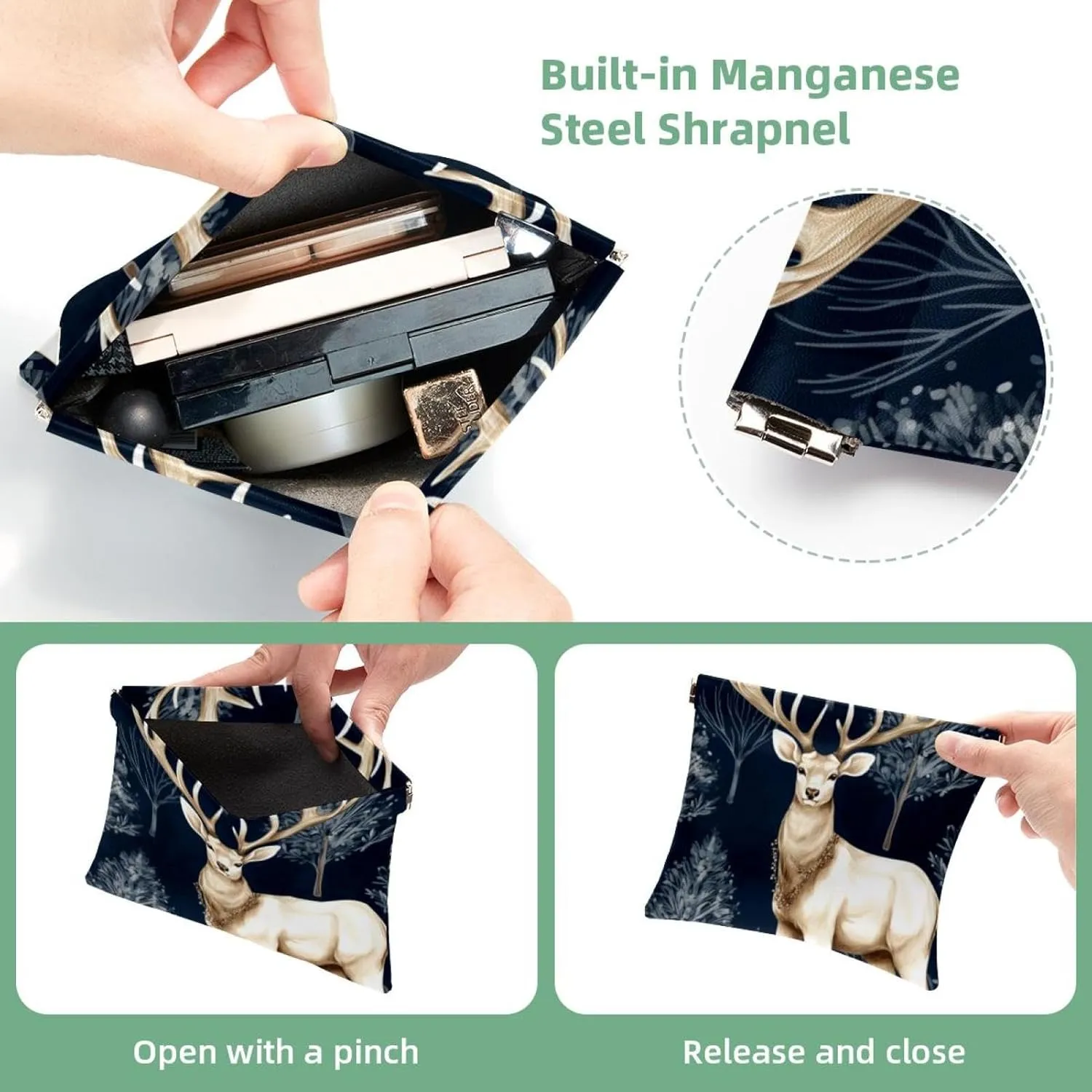 Cute Christmas Elk-1880 Pocket Cosmetic Bag, Waterproof Squeeze Makeup Bag No Zipper Self-Closing, Portable Mini Travel Storage for Headphones Jewelry