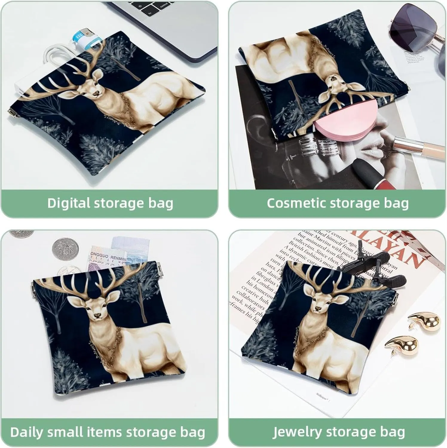 Cute Christmas Elk-1880 Pocket Cosmetic Bag, Waterproof Squeeze Makeup Bag No Zipper Self-Closing, Portable Mini Travel Storage for Headphones Jewelry
