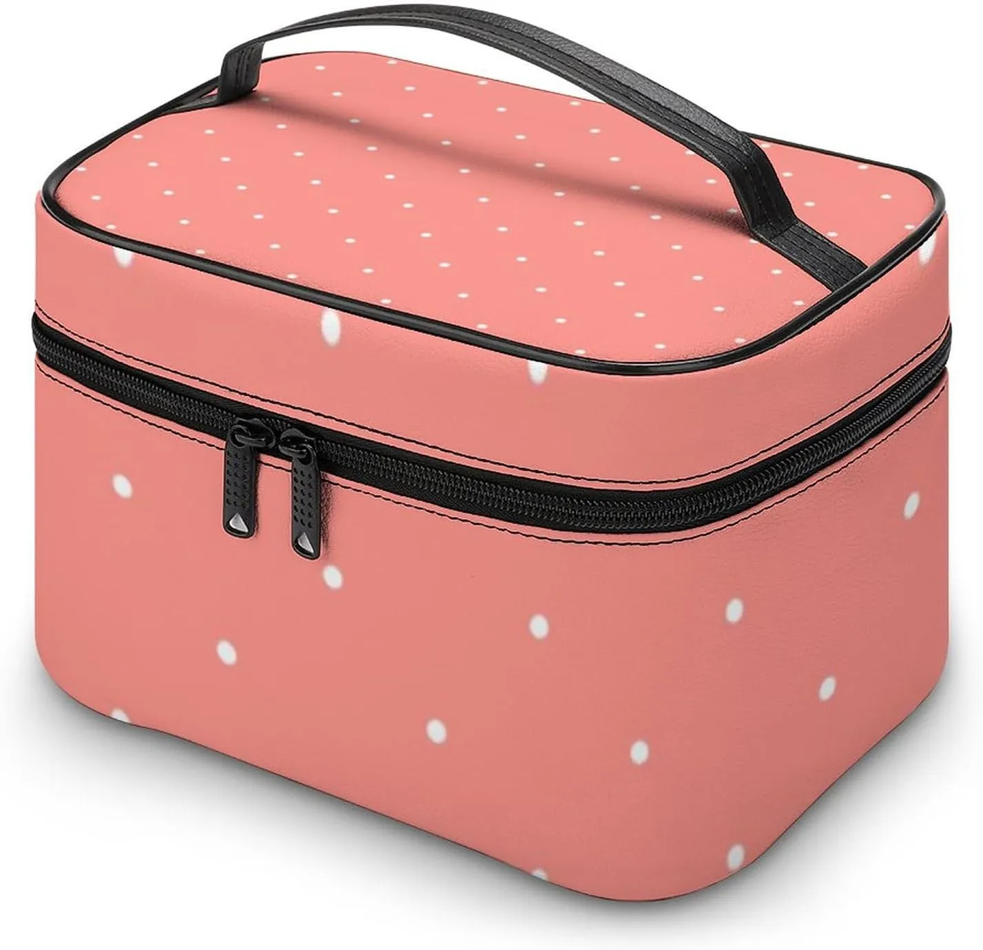Cute Coral Pink Polka Dots Pattern Cosmetic Bag, Travel Portable Makeup Bag for Purse Pouch Beauty Zipper Organizer Toiletry Bag for Women