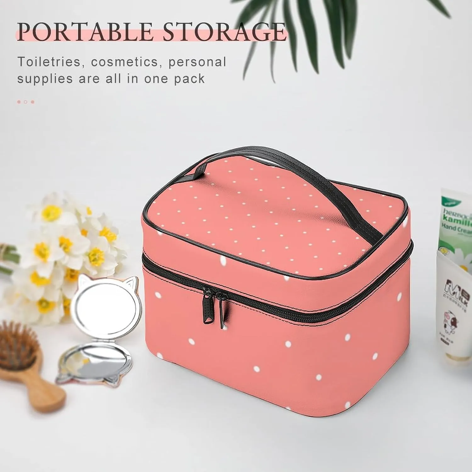 Cute Coral Pink Polka Dots Pattern Cosmetic Bag, Travel Portable Makeup Bag for Purse Pouch Beauty Zipper Organizer Toiletry Bag for Women