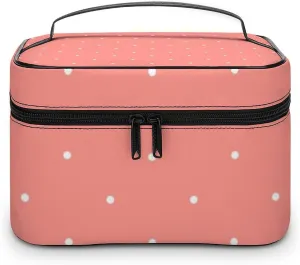 Cute Coral Pink Polka Dots Pattern Cosmetic Bag, Travel Portable Makeup Bag for Purse Pouch Beauty Zipper Organizer Toiletry Bag for Women