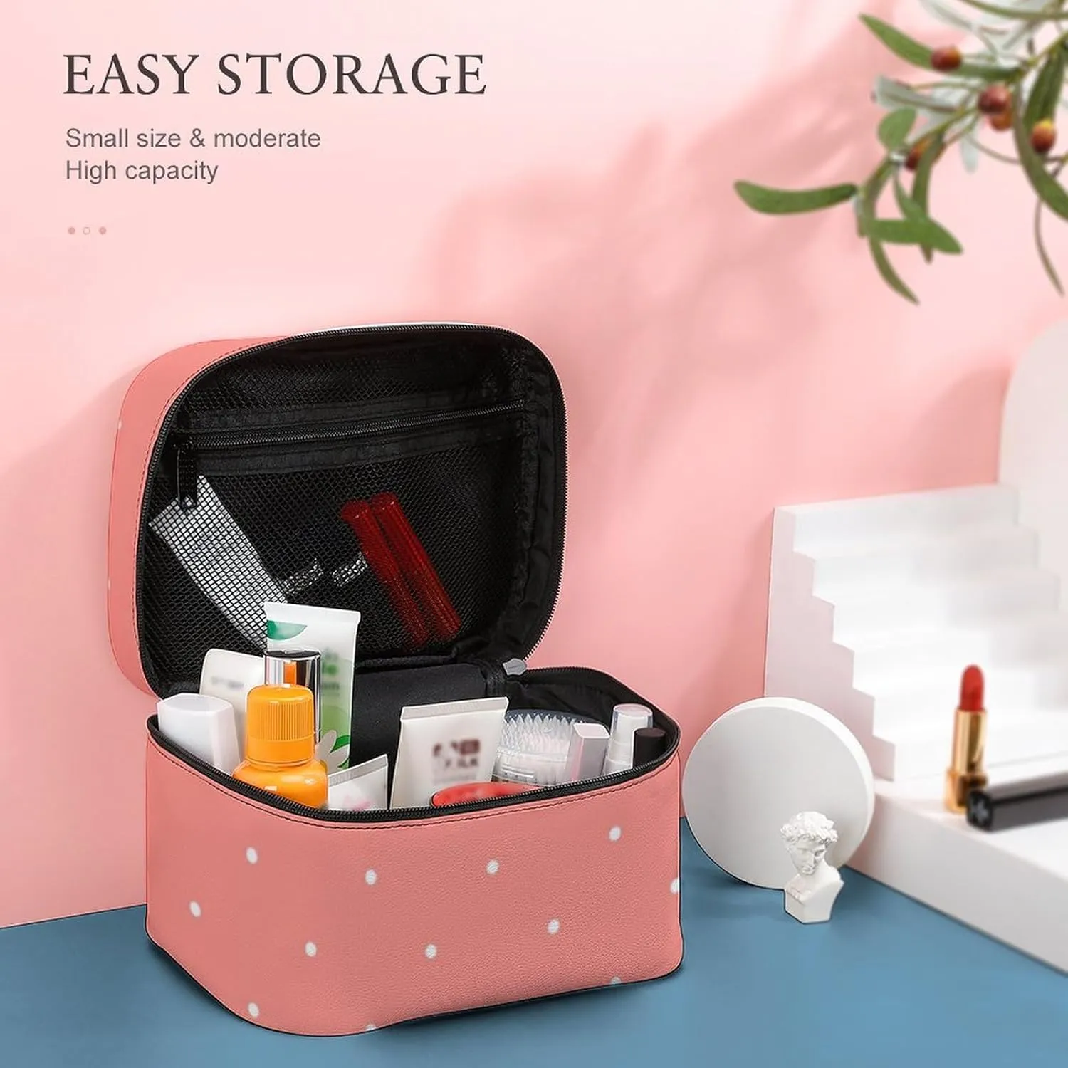 Cute Coral Pink Polka Dots Pattern Cosmetic Bag, Travel Portable Makeup Bag for Purse Pouch Beauty Zipper Organizer Toiletry Bag for Women