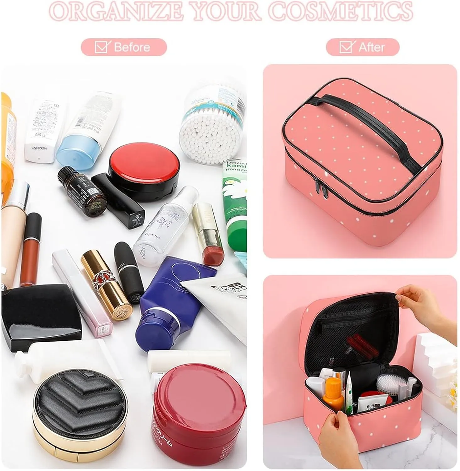 Cute Coral Pink Polka Dots Pattern Cosmetic Bag, Travel Portable Makeup Bag for Purse Pouch Beauty Zipper Organizer Toiletry Bag for Women