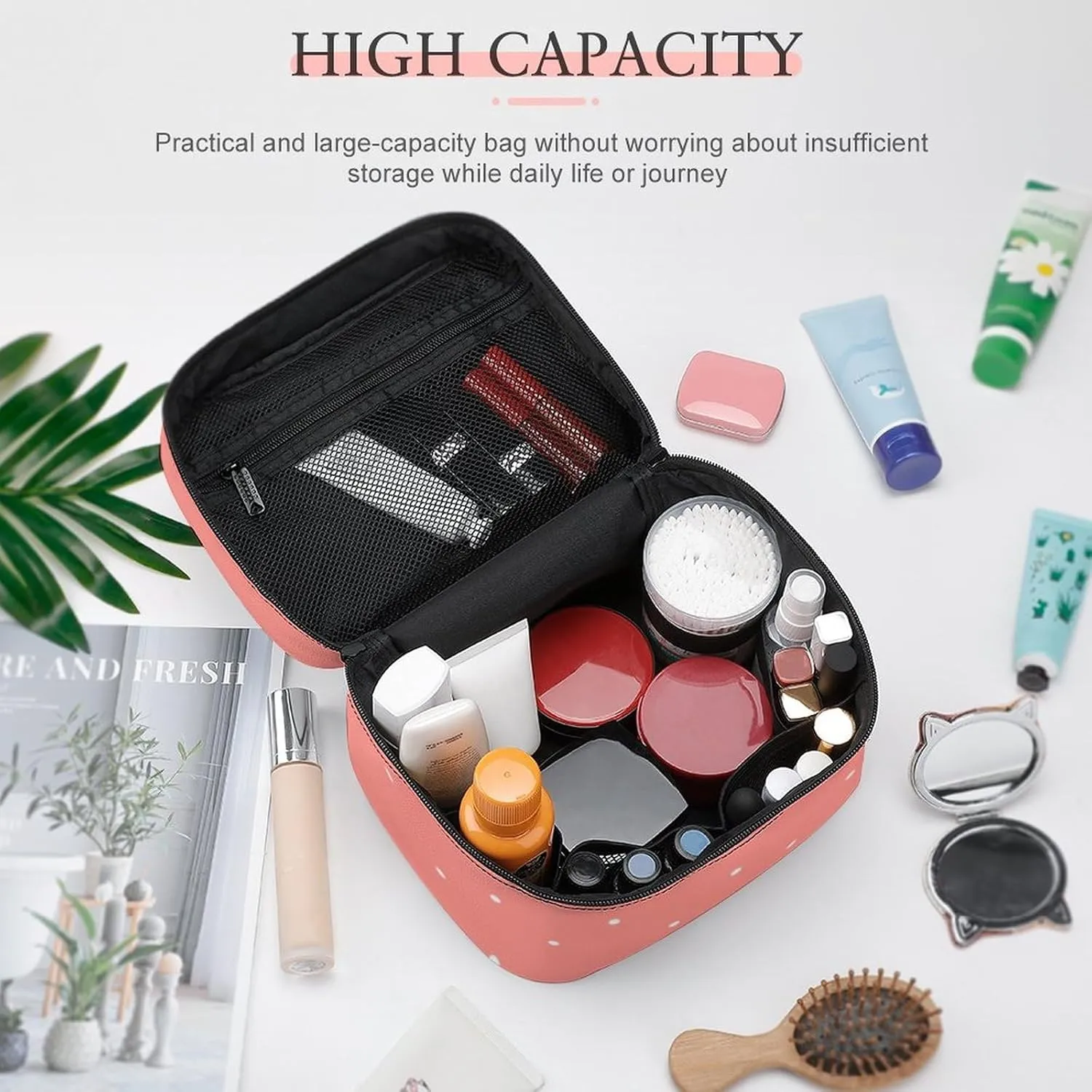 Cute Coral Pink Polka Dots Pattern Cosmetic Bag, Travel Portable Makeup Bag for Purse Pouch Beauty Zipper Organizer Toiletry Bag for Women
