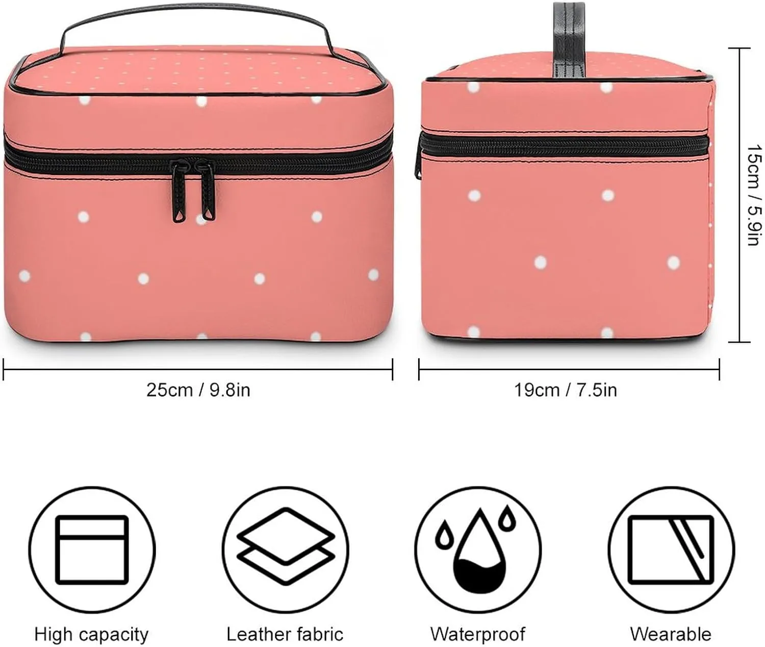 Cute Coral Pink Polka Dots Pattern Cosmetic Bag, Travel Portable Makeup Bag for Purse Pouch Beauty Zipper Organizer Toiletry Bag for Women