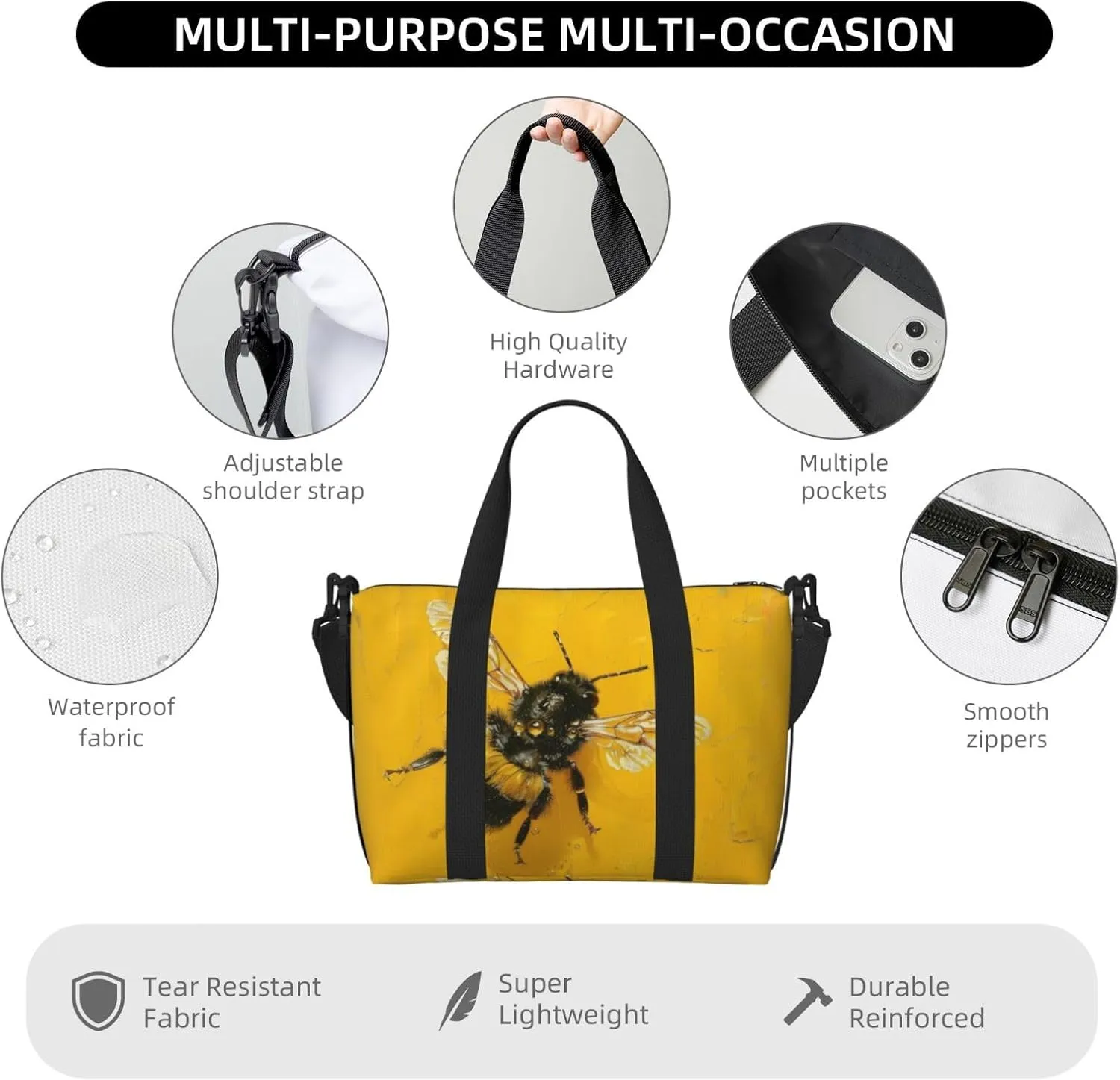 cute honey bee print Travel Duffel Bag, Sports Tote Gym Bag, Swim Pool Bag Large Shoulder Tote Bag for Beach Weekender