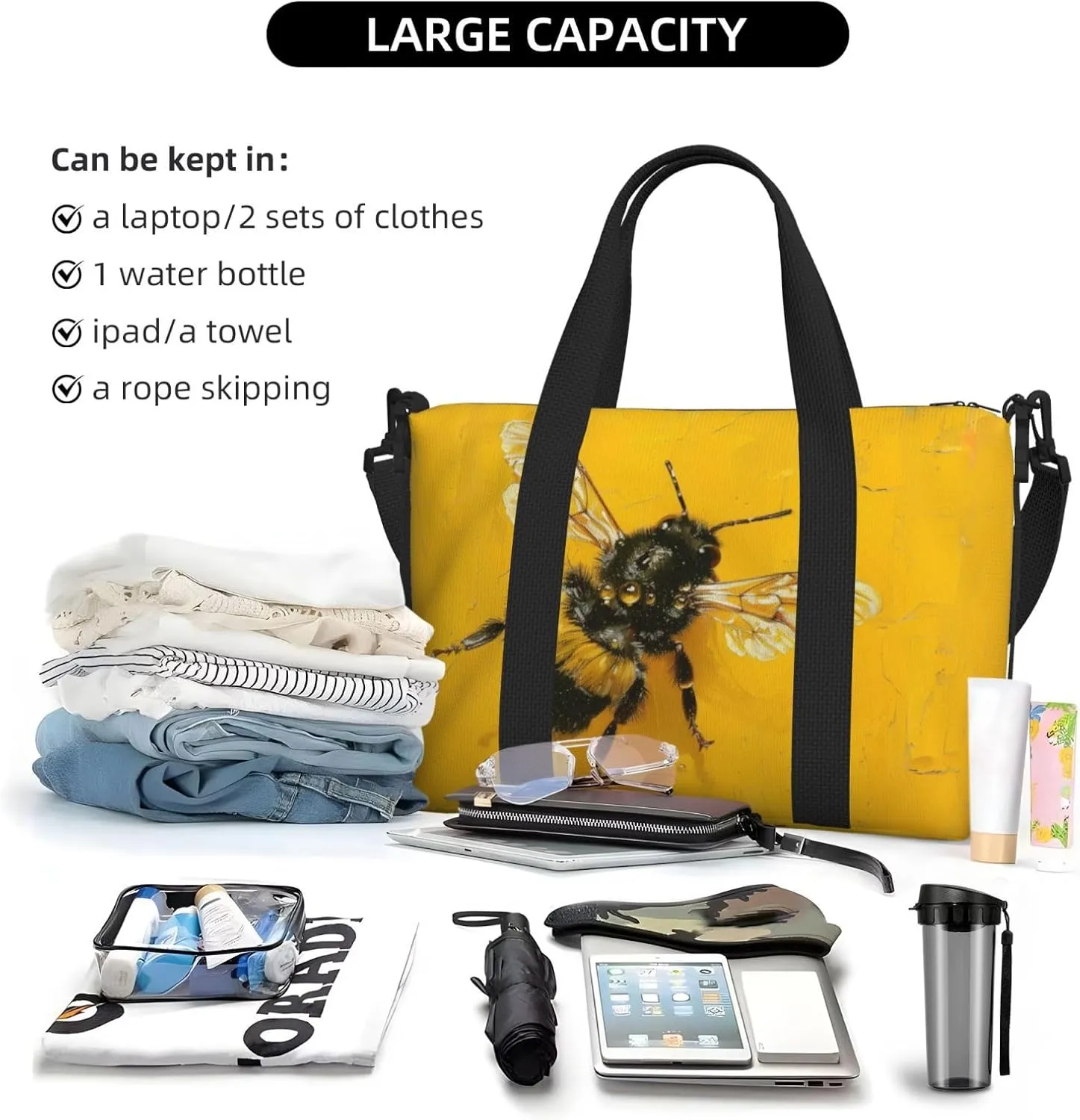cute honey bee print Travel Duffel Bag, Sports Tote Gym Bag, Swim Pool Bag Large Shoulder Tote Bag for Beach Weekender
