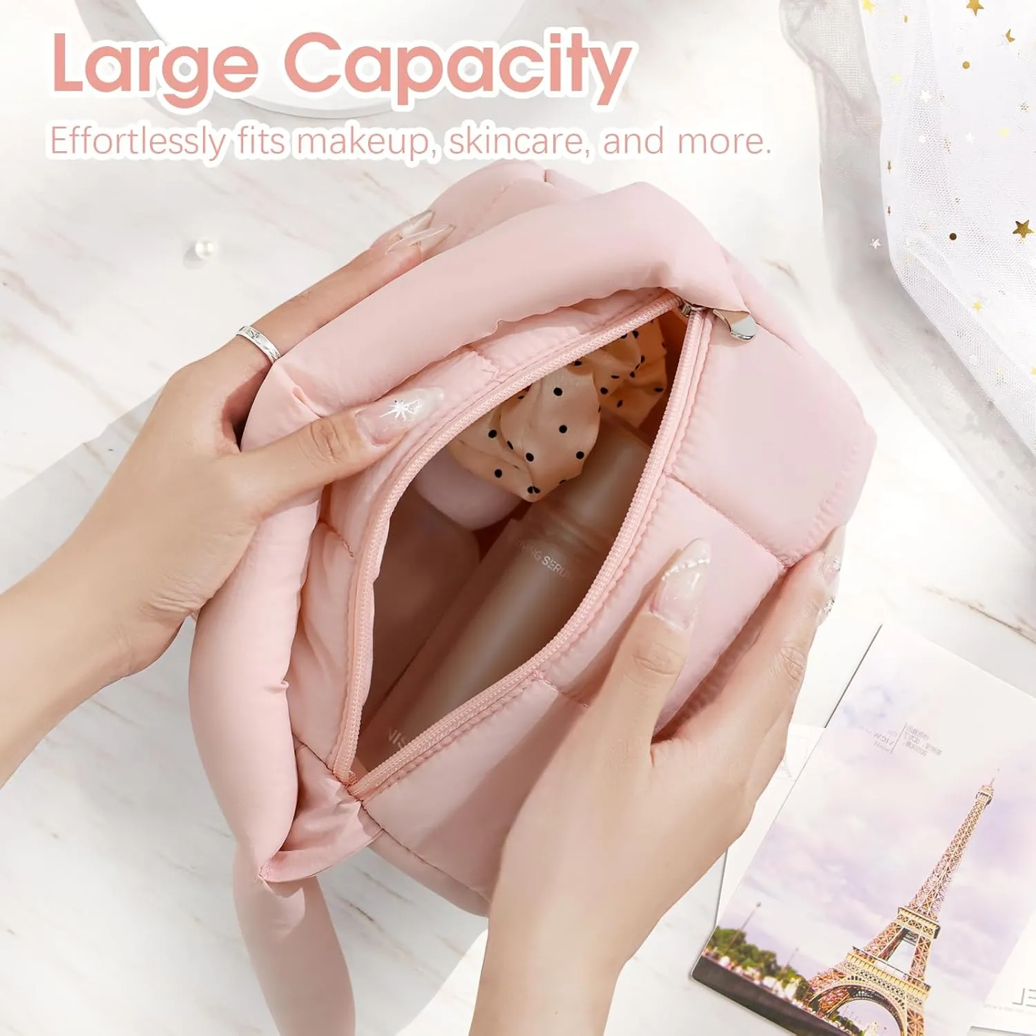 Cute Puffy Makeup Bag with Handle, Quilted Cosmetic Organizer Bag, Waterproof Travel Toiletry Pouch, Portable Handbag with Zipper for Women and Girls (Pink)