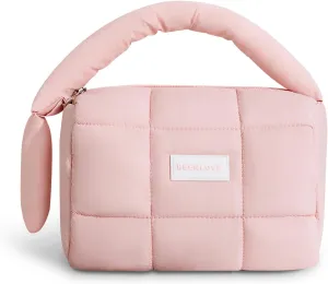 Cute Puffy Makeup Bag with Handle, Quilted Cosmetic Organizer Bag, Waterproof Travel Toiletry Pouch, Portable Handbag with Zipper for Women and Girls (Pink)