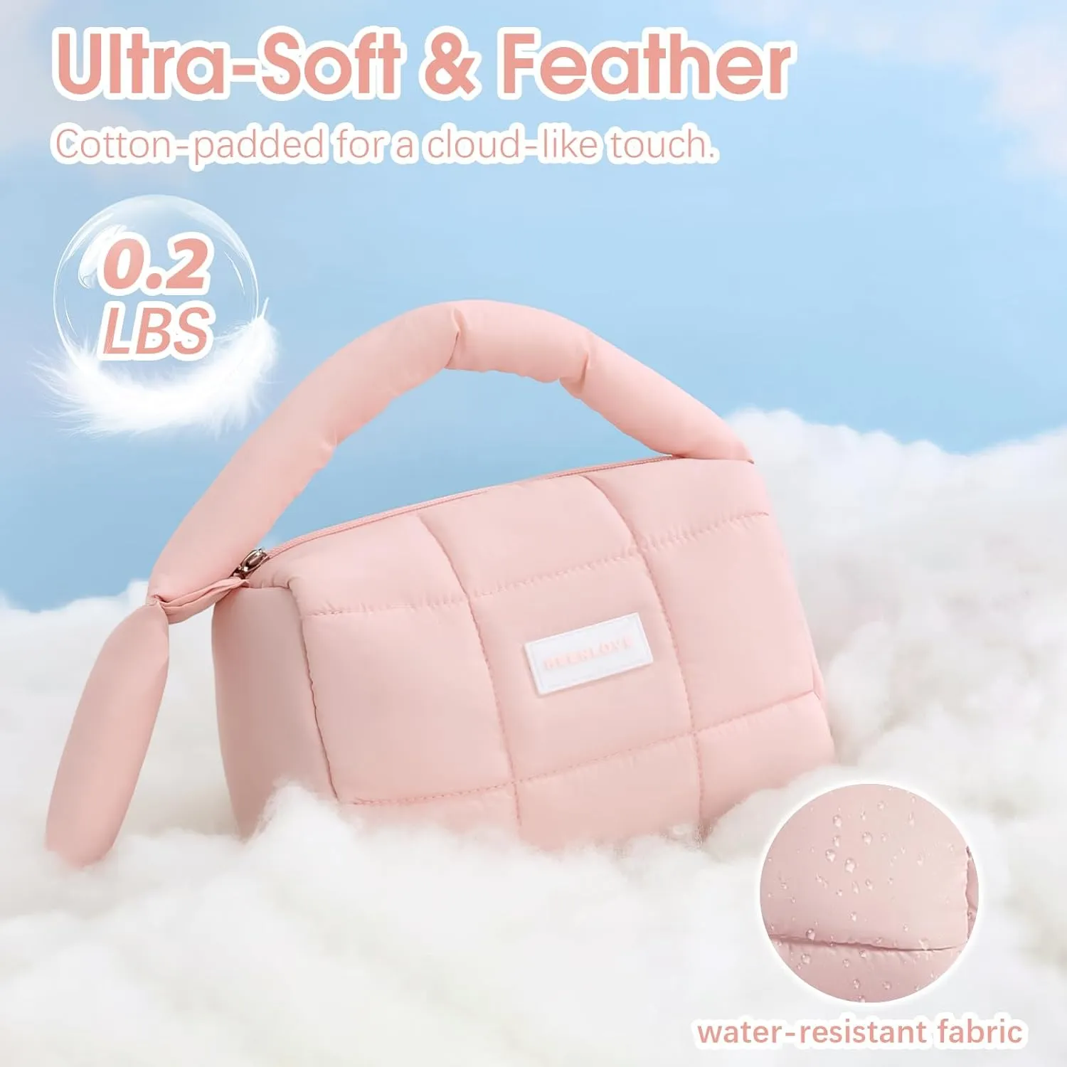 Cute Puffy Makeup Bag with Handle, Quilted Cosmetic Organizer Bag, Waterproof Travel Toiletry Pouch, Portable Handbag with Zipper for Women and Girls (Pink)