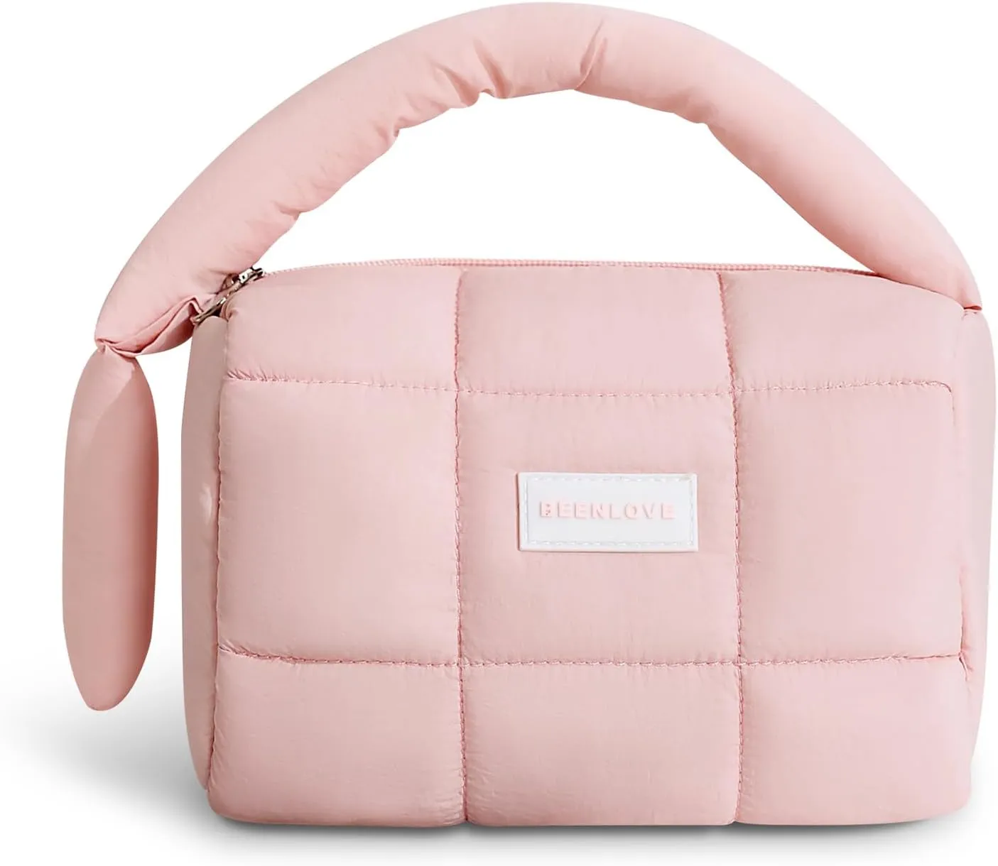 Cute Puffy Makeup Bag with Handle, Quilted Cosmetic Organizer Bag, Waterproof Travel Toiletry Pouch, Portable Handbag with Zipper for Women and Girls (Pink)