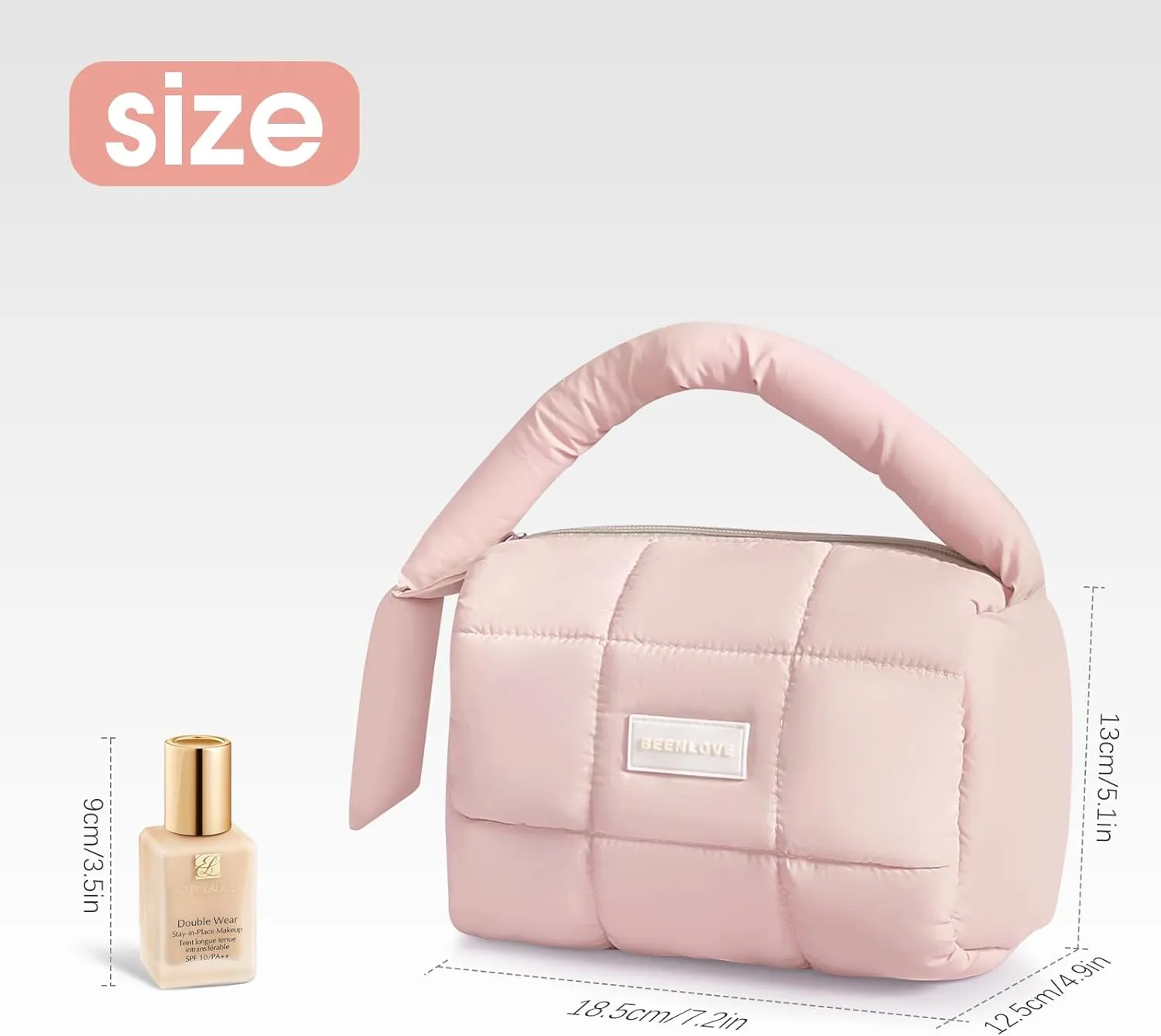 Cute Puffy Makeup Bag with Handle, Quilted Cosmetic Organizer Bag, Waterproof Travel Toiletry Pouch, Portable Handbag with Zipper for Women and Girls (Pink)