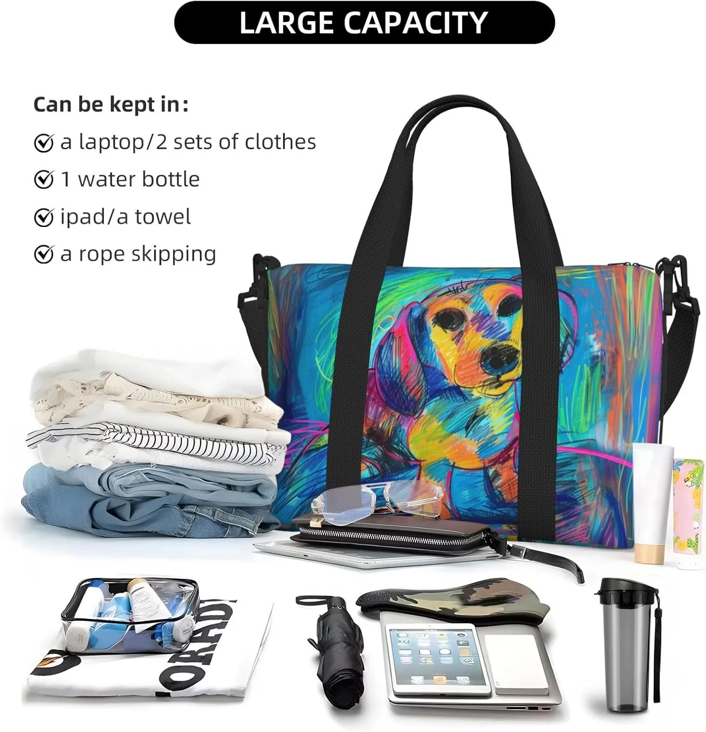 dachshund print Travel Duffel Bag, Sports Tote Gym Bag, Swim Pool Bag Large Shoulder Tote Bag for Beach Weekender