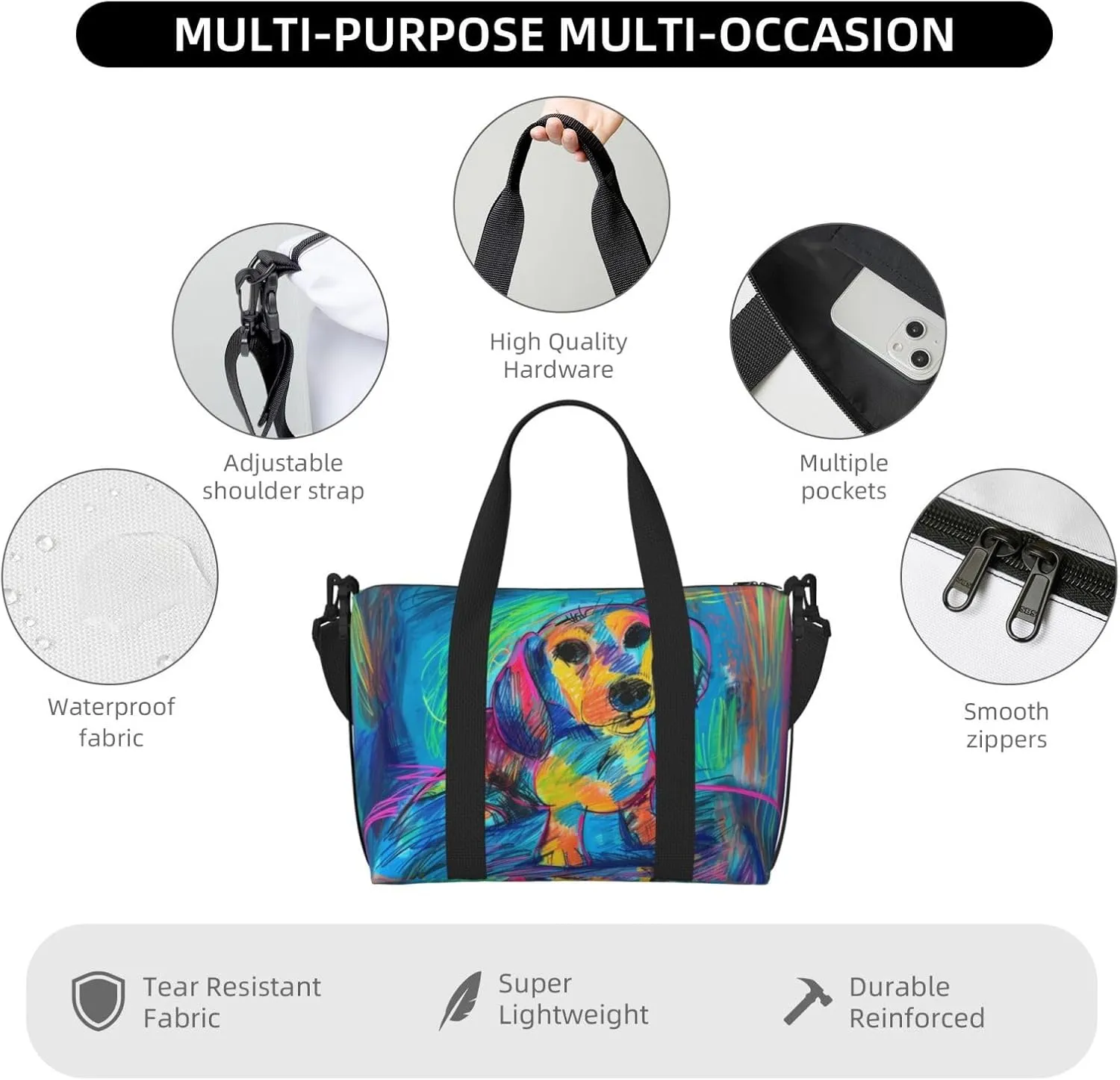 dachshund print Travel Duffel Bag, Sports Tote Gym Bag, Swim Pool Bag Large Shoulder Tote Bag for Beach Weekender