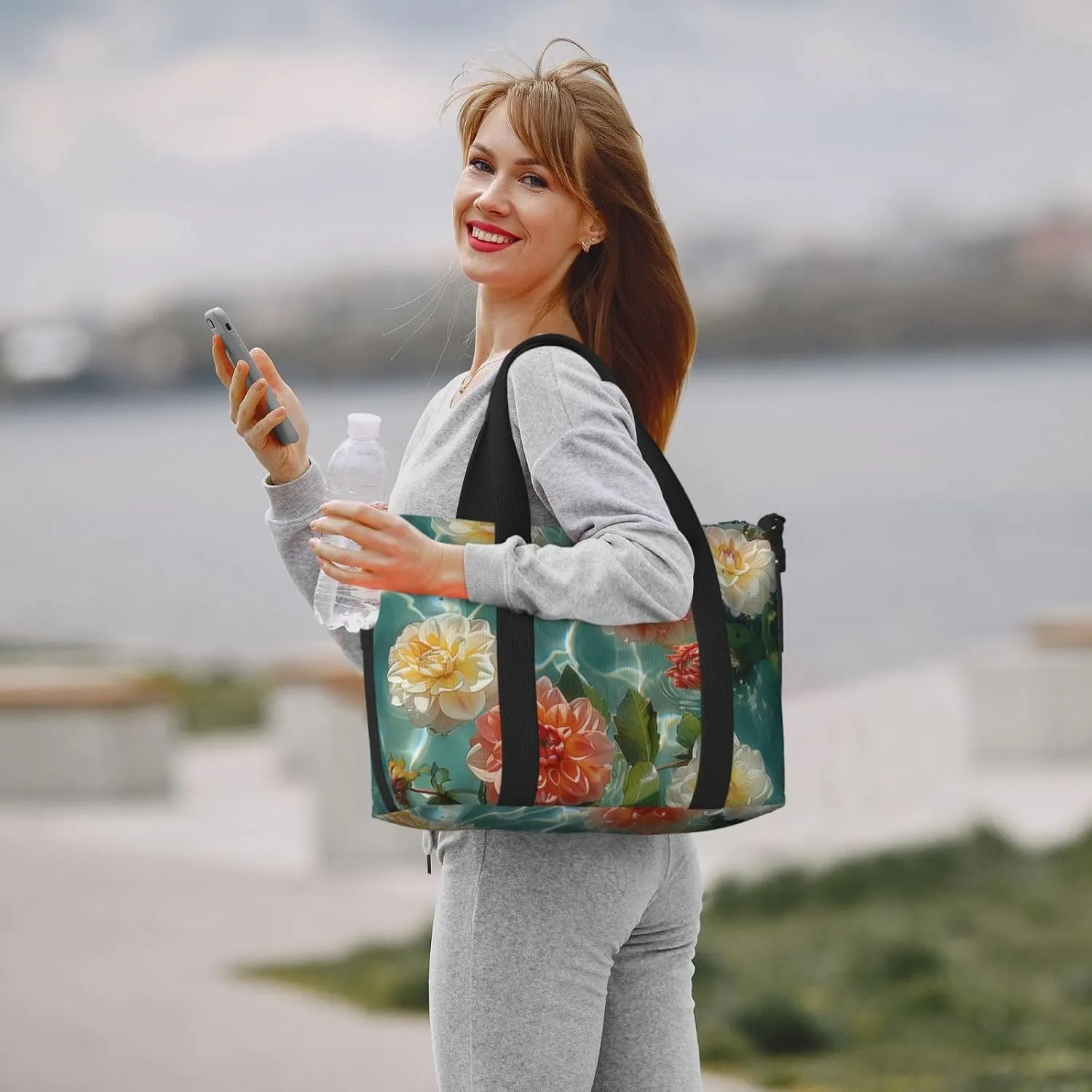 dahlias floating on_the water print Travel Duffel Bag, Sports Tote Gym Bag, Swim Pool Bag Large Shoulder Tote Bag for Beach Weekender, 202-406-121