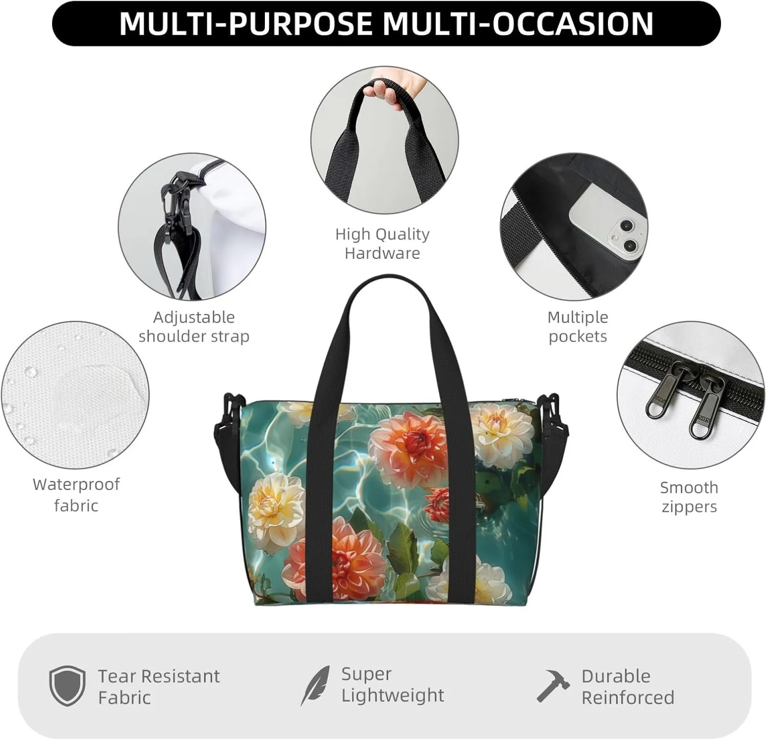 dahlias floating on_the water print Travel Duffel Bag, Sports Tote Gym Bag, Swim Pool Bag Large Shoulder Tote Bag for Beach Weekender, 202-406-121