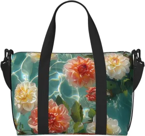 dahlias floating on_the water print Travel Duffel Bag, Sports Tote Gym Bag, Swim Pool Bag Large Shoulder Tote Bag for Beach Weekender, 202-406-121